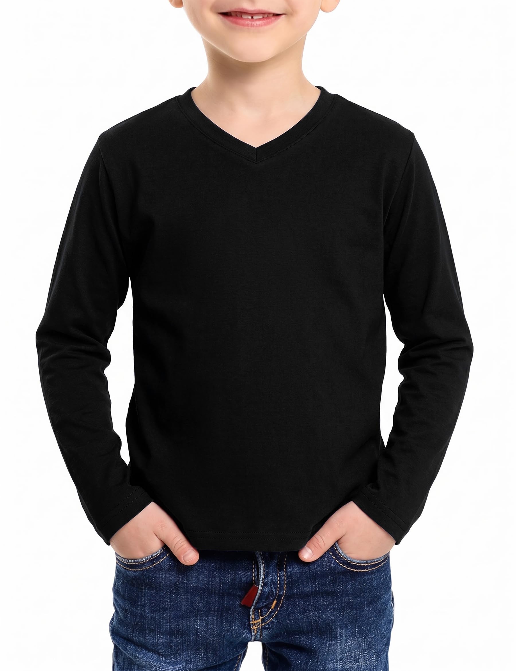 Ocextami Langarmshirt Jungen V-Ausschnitt Kinder Einfarbiges Basic Tshirt | Formstabiles Jungen-Longsleeve aus Mischgewebe, pillingarm und vielseitig kombinierbar für Schule, Freizeit und Zuhause