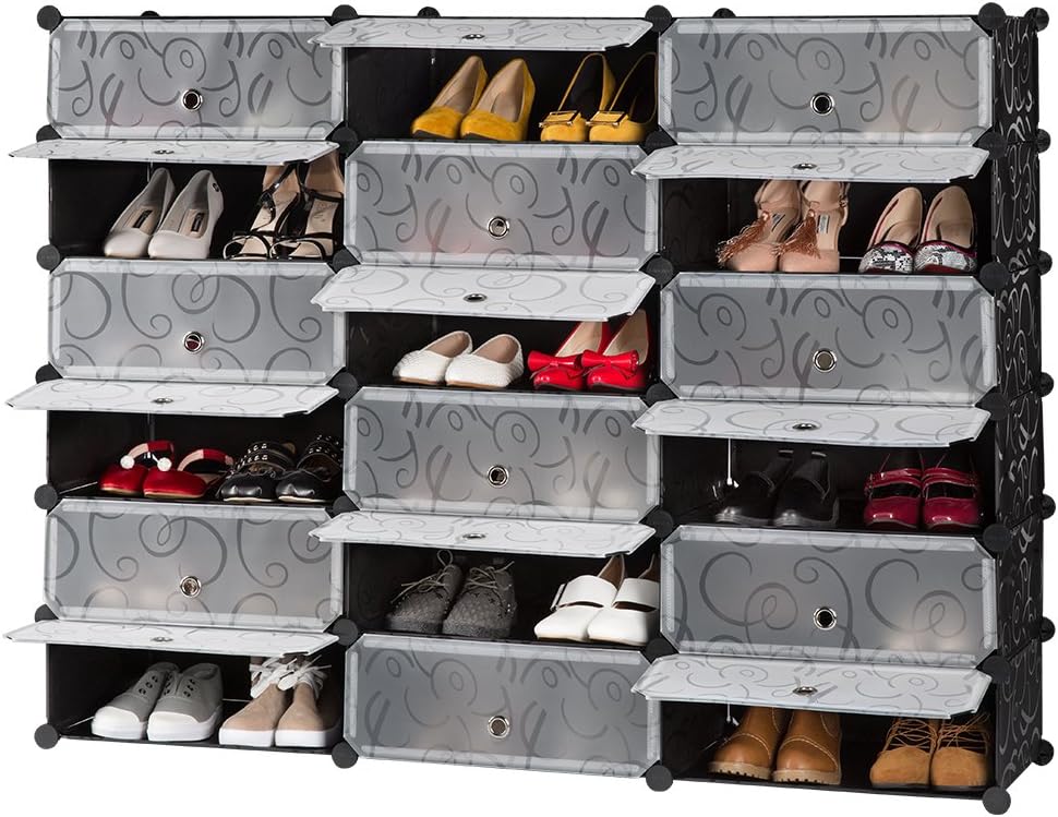 LANGRIA 18-Cube DIY Shoe Rack, Storage Drawer Unit Multi Use Modular Organizer Plastic Cabinet with Doors, Black and White Curly Pattern
