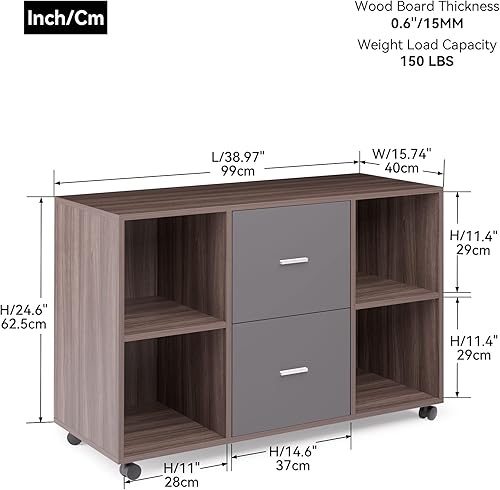 Miniatura 2 de JUSTONE Archivador de madera de 2 cajones, archivador lateral móvil, soporte de impresora con 4 estantes de almacenamiento abiertos para oficina en