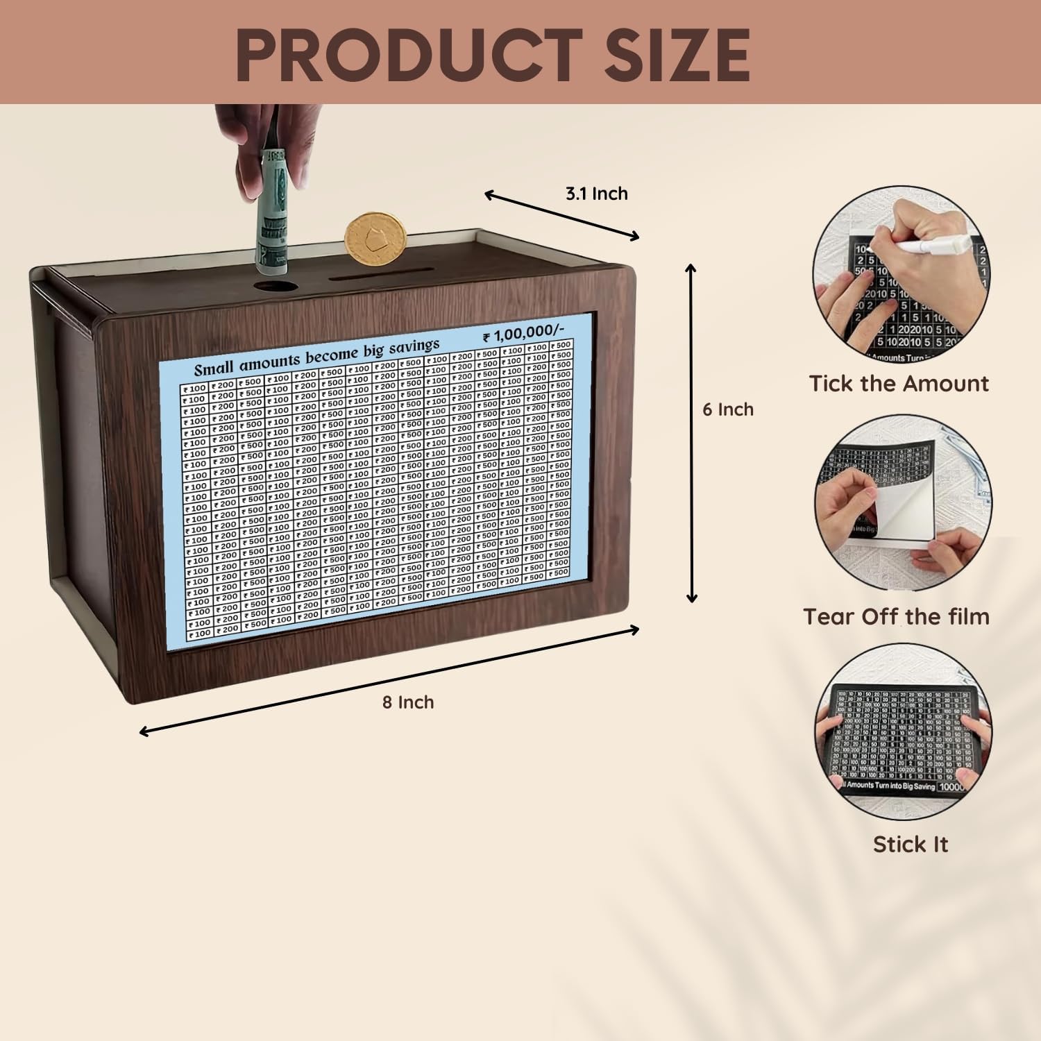 Piggy Bank for Kids Wooden Money Bank for Adults, Kids Coin Box with Carved Design for Kids/Children Gullak for Adults Best for Return Gift Money Saving Box for Adult 100000 Rs Saving