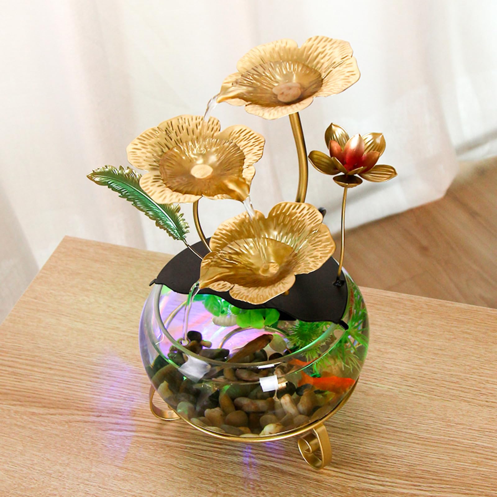 Fontaine à eau en forme de fleur de lotus dorée avec lumières LED et aquarium, décoration de table élégante pour la maison et le bureau, cascade intérieure relaxante pour ambiance de bureau