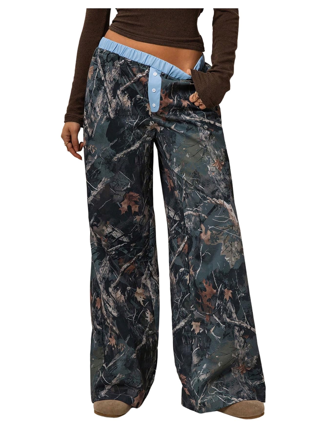 Floerns Womens Y2K Camo Pants Elastic Waist Wide Leg Button Front Baggy Trousers Streetwear