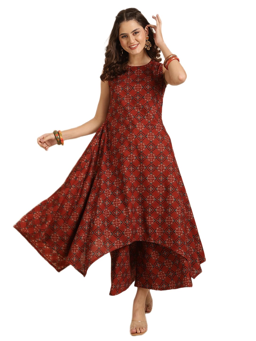 gulmohar jaipur Women's Rayon Calf Length Printed Asymmetrical Kurta Bottom Set (GUL484SETMAROON_XL, XL, Maroon)-picture-20