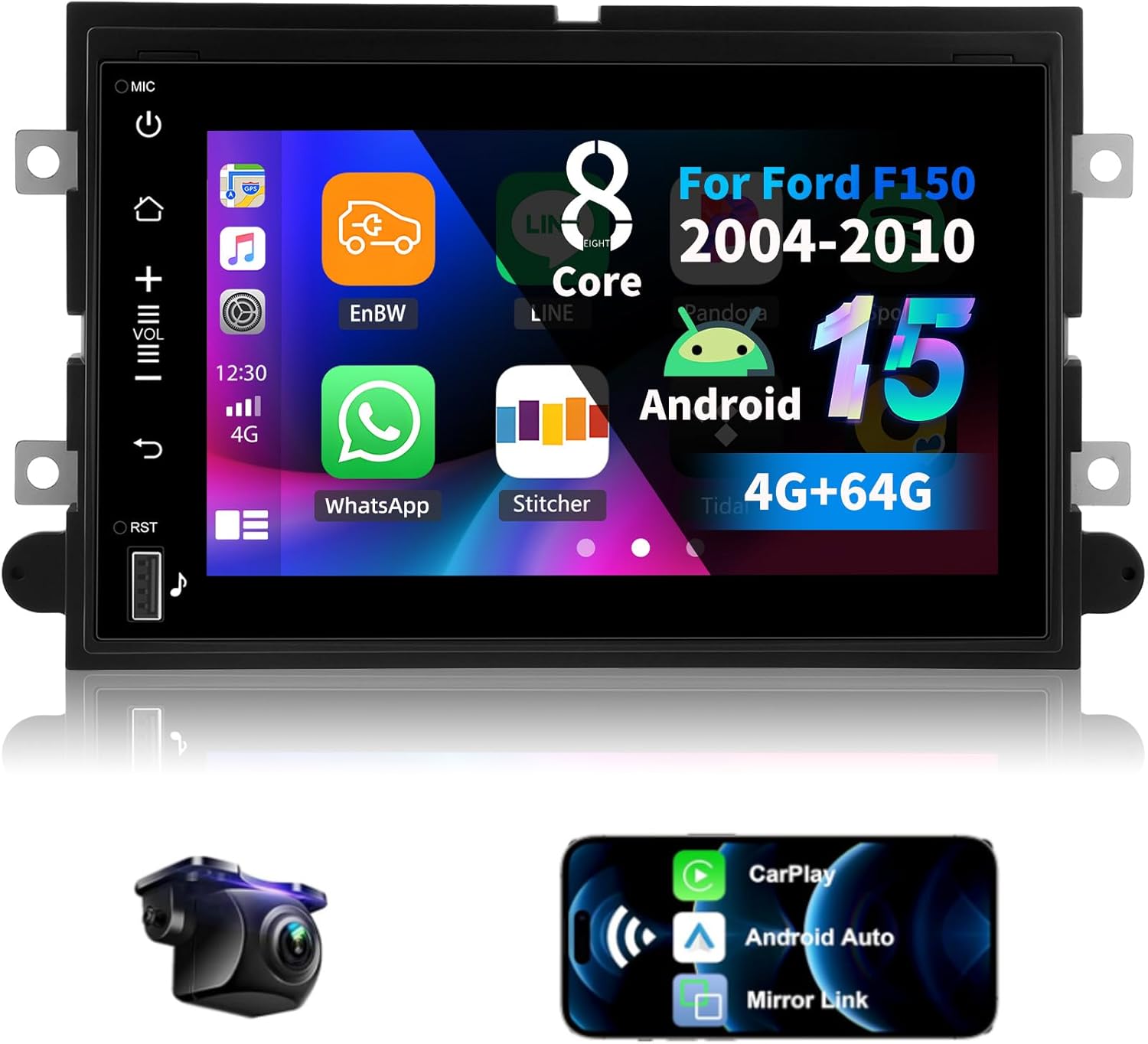 8 Core 4G+64G Android 15 Car Radio for Ford F150/F250/F350 2004-2014 with Wireless CarPlay Android Auto,7" IPS Touchscreen Car Stereo with Mirror Link,WiFi/GPS,Bluetooth,FM/RDS,SWC+Backup Camera