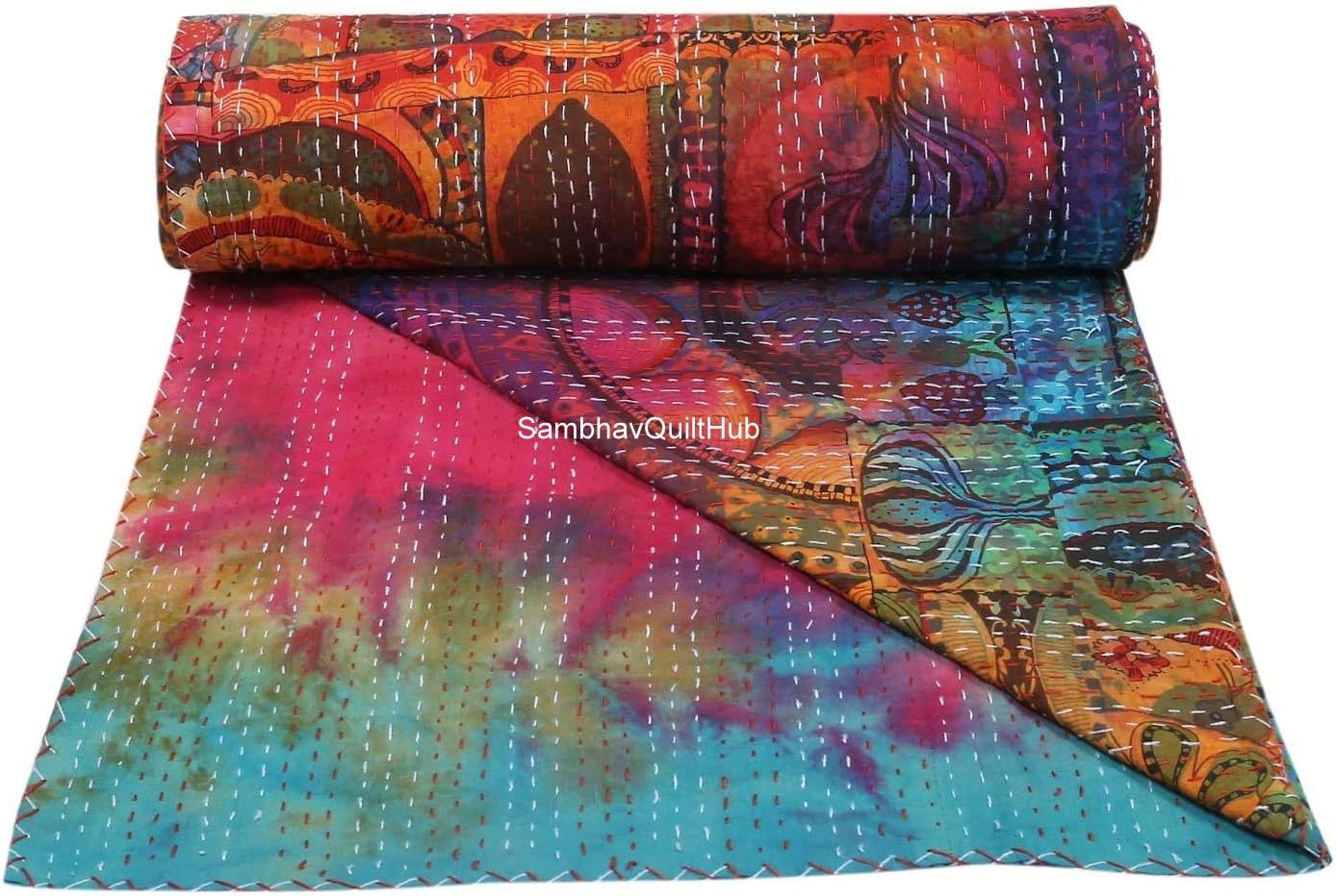 Queen/Twin/King Handmade Multi Tye Dye Floral Print Quilting Screen Print Kantha Quilt Kantha Bed Cover Kantha Bedspread Bohemian Bedding Kantha Blanket Throw (108X108 inches)