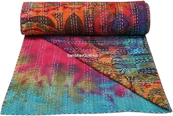 Queen/Twin/King Handmade Multi Tye Dye Floral Print Quilting Screen Print Kantha Quilt Kantha Bed Cover Kantha Bedspread Bohemian Bedding Kantha Blanket Throw (90X108 inches)