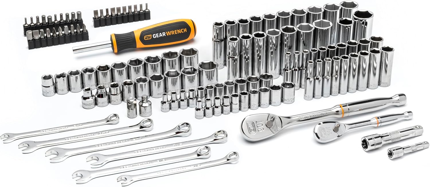 GEARWRENCH 121 Piece Mechanics Hand Tool Set - 1/4" & 3/8” Drive | 90 Tooth | SAE & Metric | GW90SCBMTS