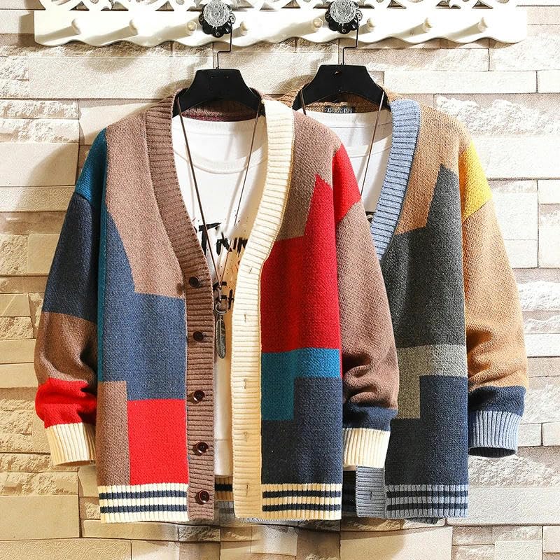 Autumn Winter Korean Knit Cardigans Sweater Patchwork Men Casual Coats Jacket Clothes2