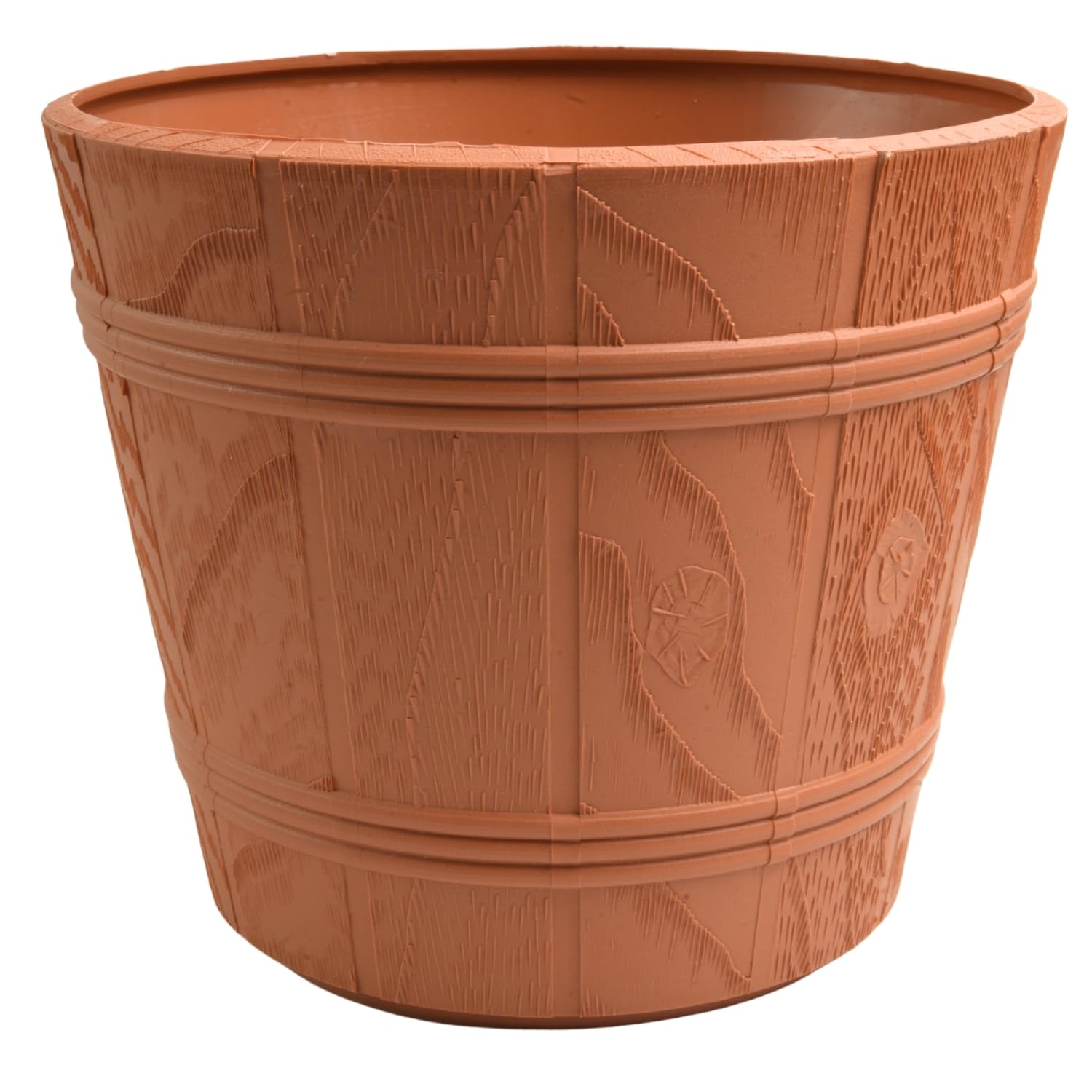 B2C Barrel Look Planter Flower Pot Rustic Wood Effect Plastic Round Indoor Outdoor Garden Tub Flowerpot Pation Home Decor Weather Resistant Container (Terracotta, 10.5L (D30cm H25.5cm))