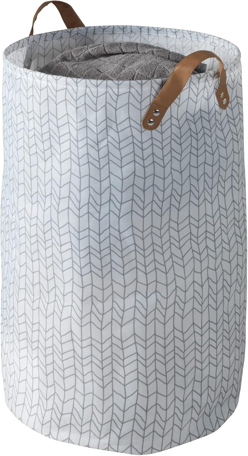 WENKO Panier à linge Geo, panier à linge spacieux en polyester haut de gamme, repliable à des dimensions peu encombrantes, avec 2 poignée pratiques en similicuir, capacité de 75 litres, Ø 40 x 60 cm env., blanc à dessins