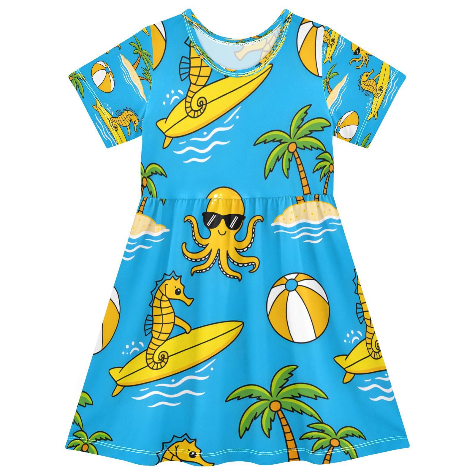 Girls Summer Dress Short Sleeve A Line Beach Sea Horse Casual Dresses for Kids 2-8 Years,
