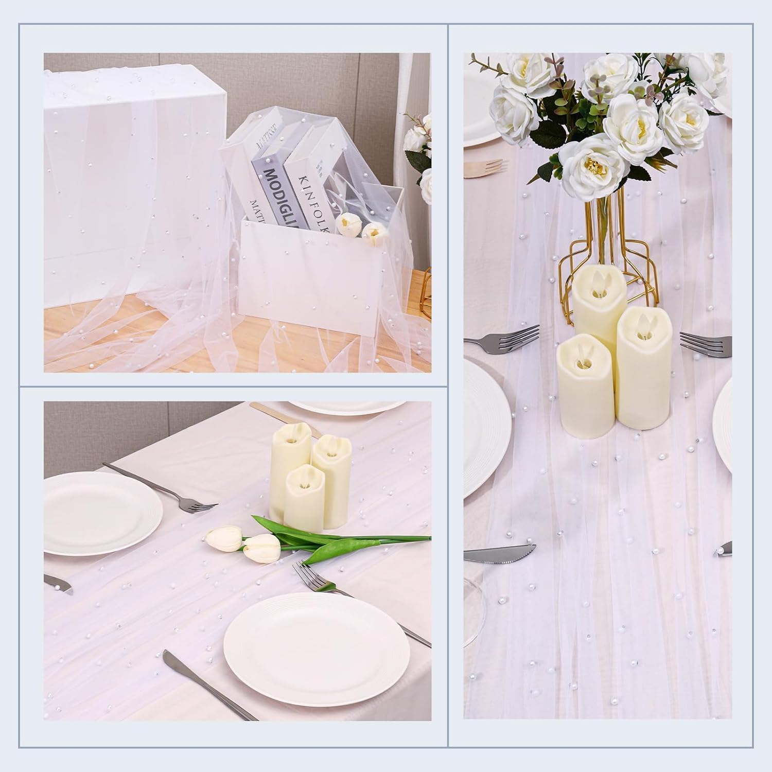 6 Pcs Pearl Table Runner 10FT, 30 x 120 Inch Lvory Boho Rustic Tulle Lace Table Runner for Spring Summer Birthday Baby Shower Wedding Party Table Decor