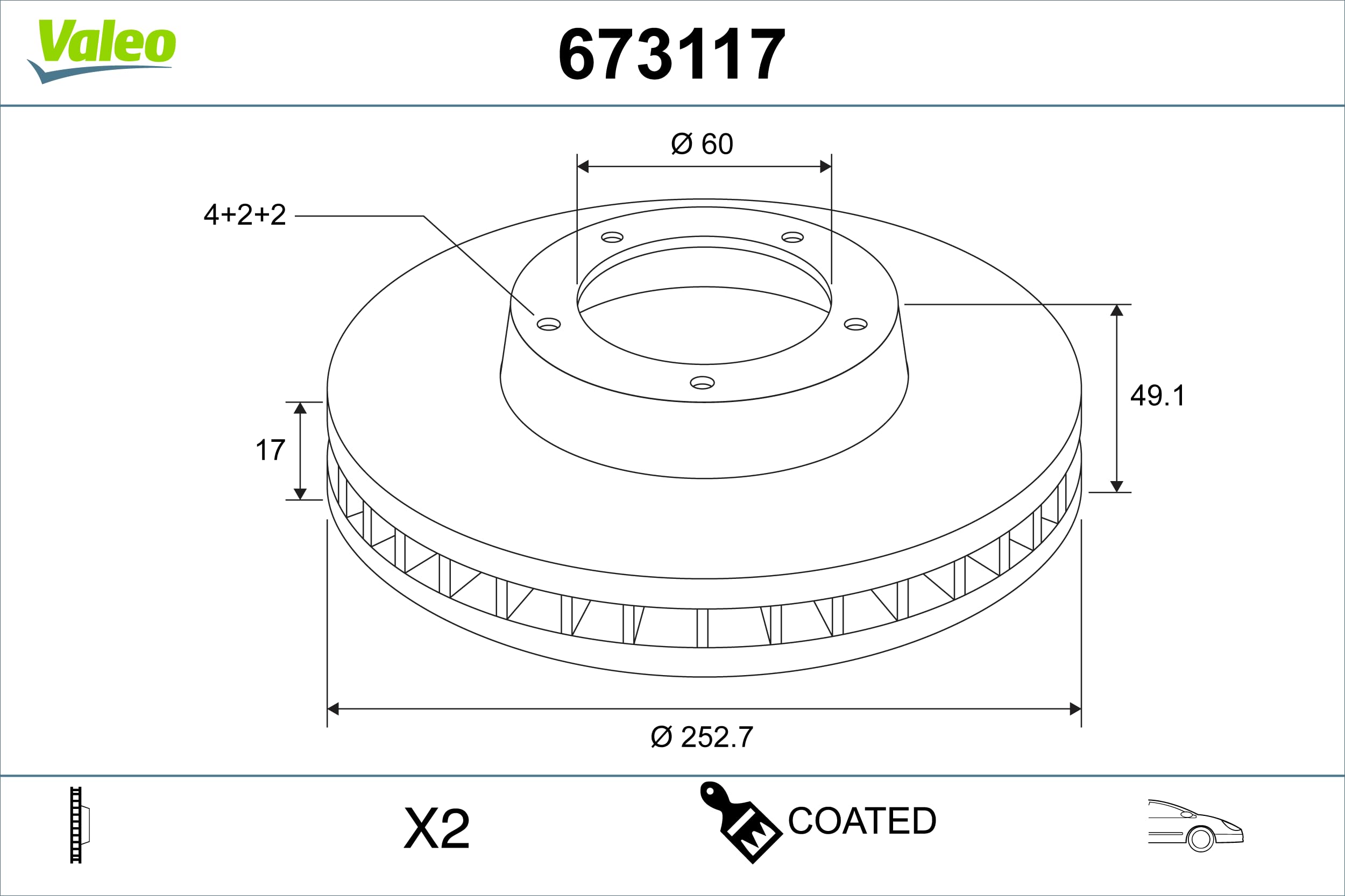 2x VALEO Disco freno Anteriore Ø253mm Altezza: 49mm Spessore: 17mm ventilato 673117 Compatibilità con OPEL AGILA A H00, SUZUKI IGNIS II, SUBARU JUSTY III G3X