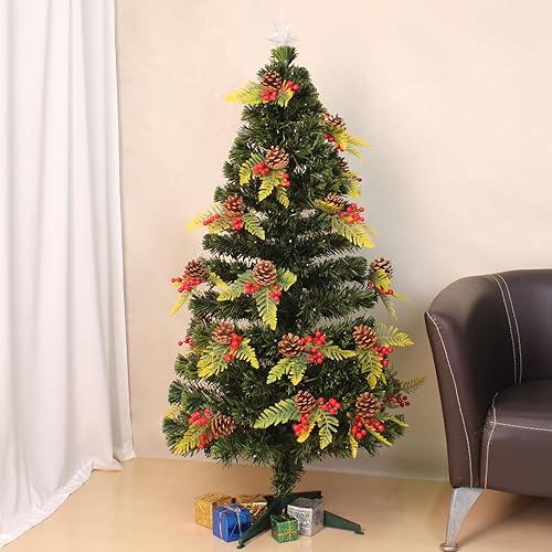 Miniatura 6 de Árbol de Navidad falso de fibra óptica preiluminado de 5 pies con 184 luces LED, 180 puntas de rama, 26 juegos de piñas y bayas rojas, 8 modos de