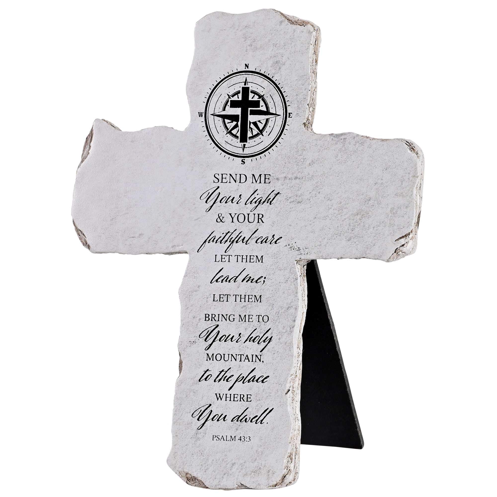 Dicksons Tabletop Cross with Easel Stand – 6.75 x 5.25 Inch Resin Cross and Compass Decor – Send Me Your Light & Your Faithful Care Religious Home Décor