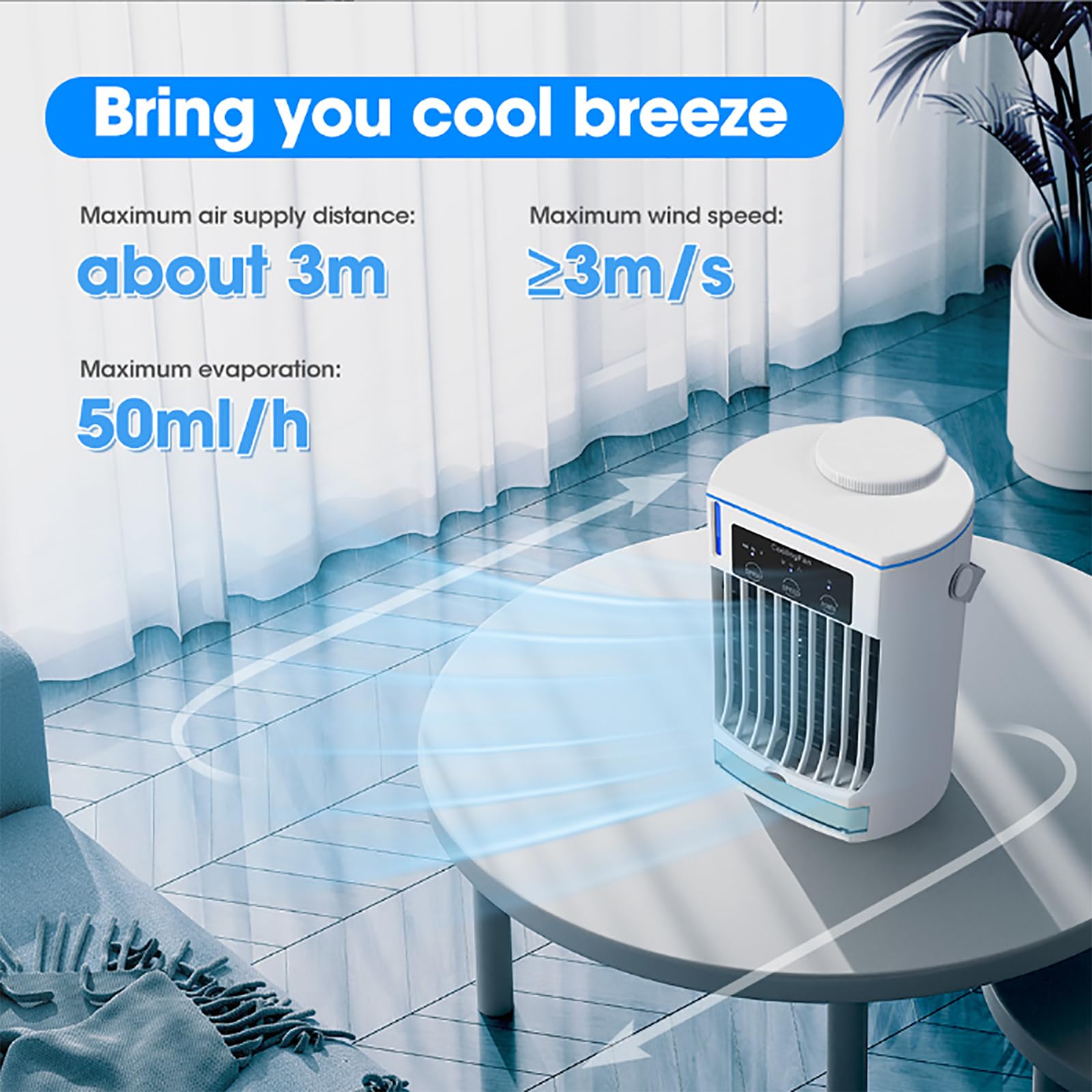 Tragbare Klimaanlage, Mini Verdunstungskühler mit 3 Windgeschwindigkeiten, 2 Modi, 500 ml Wassertank, Abnehmbarer Kohlefilter für Zuhause, Zimmer, Büro