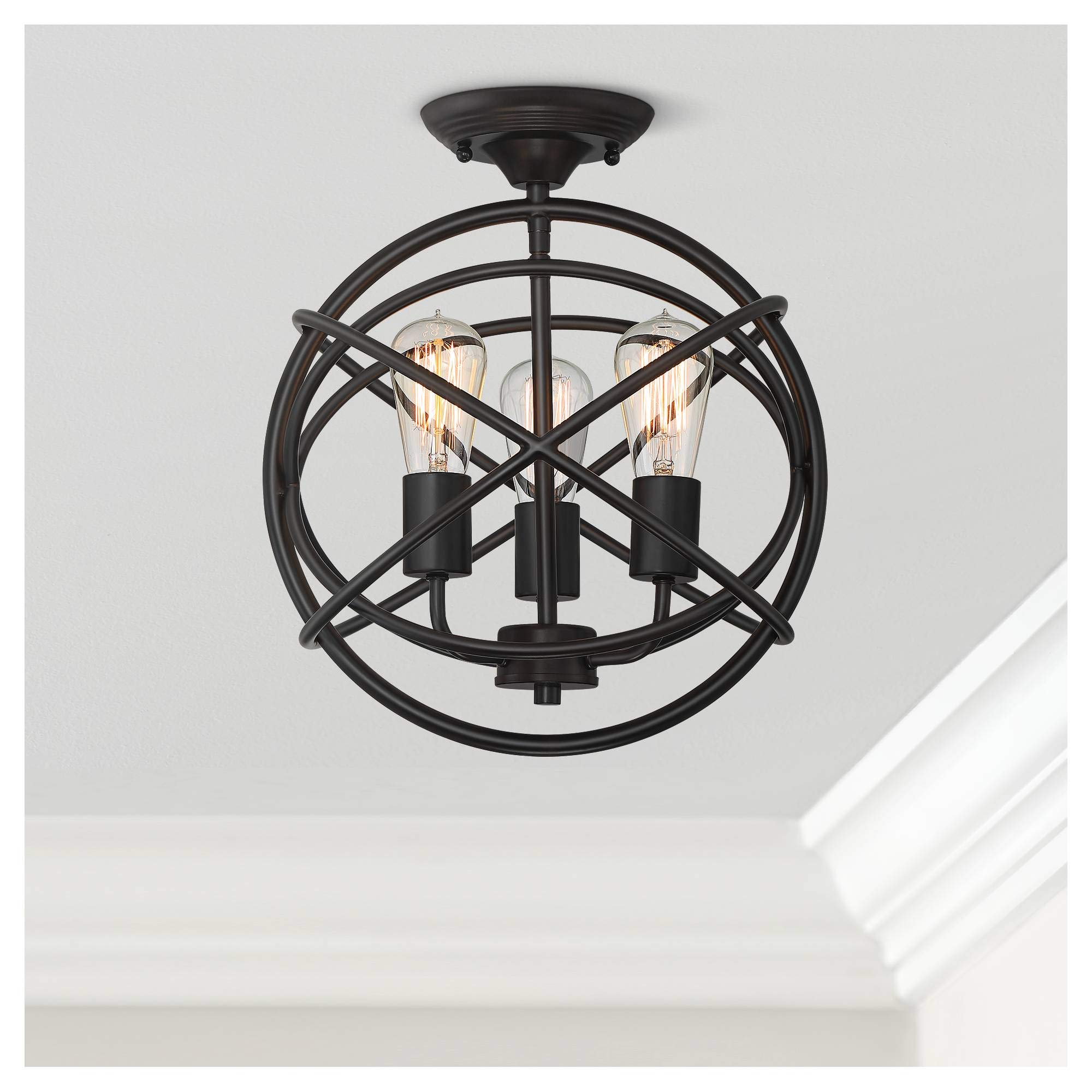 Franklin Iron Works Ellery Industrial Rustic Farmhouse Ceiling Light Semi Flush-Mount Fixture 14" Wide Bronze 3-Light Openwork Cage Sphere Shade for Bedroom Kitchen Living Room Hallway Dining House