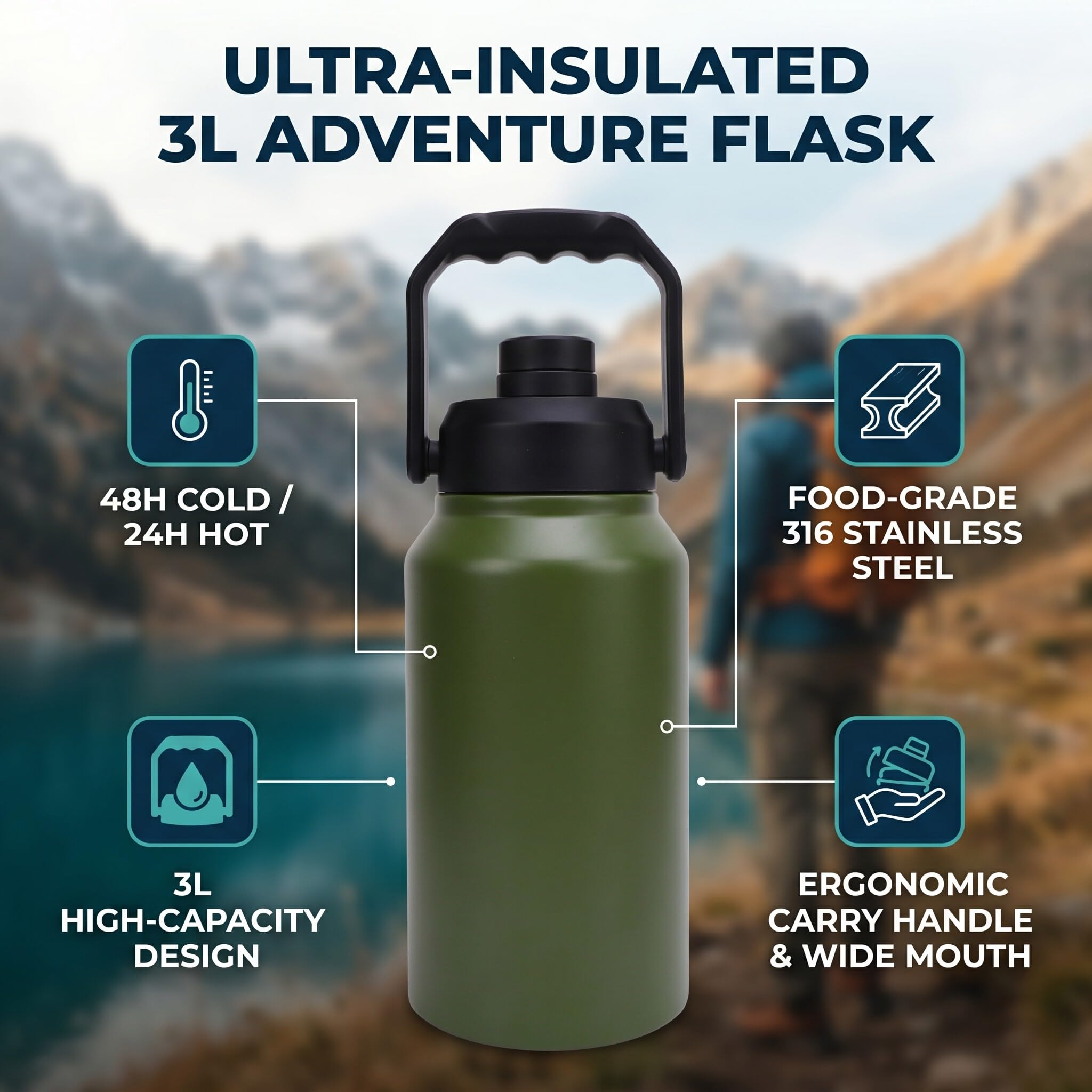 Haofy Botella de Agua Aislada, Termo de Acero Inoxidable de 3 Litros, Triple Aislamiento, 48 Horas de Frío, 24 Horas de Calor (Verde oliva)