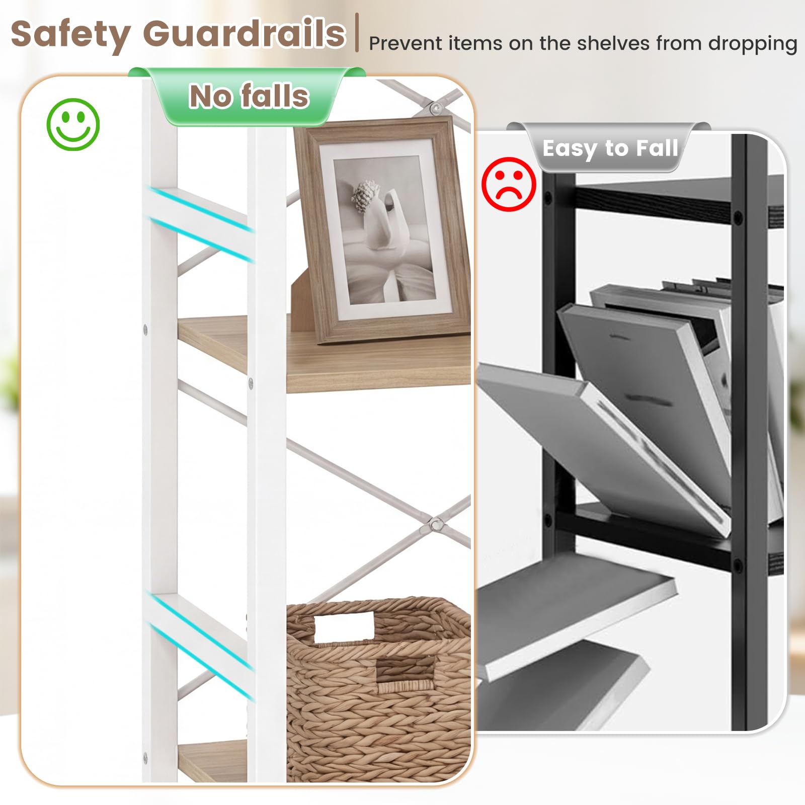 KOMFOTTEU Estantería de 4 Niveles, Librería Vertical con Estantes Abiertos, Mueble Almacenamiento Estrecha con Estructura de Metal y Dispostivos Antivuelco para Salón, 42x28x100cm (Natural y Blanco)