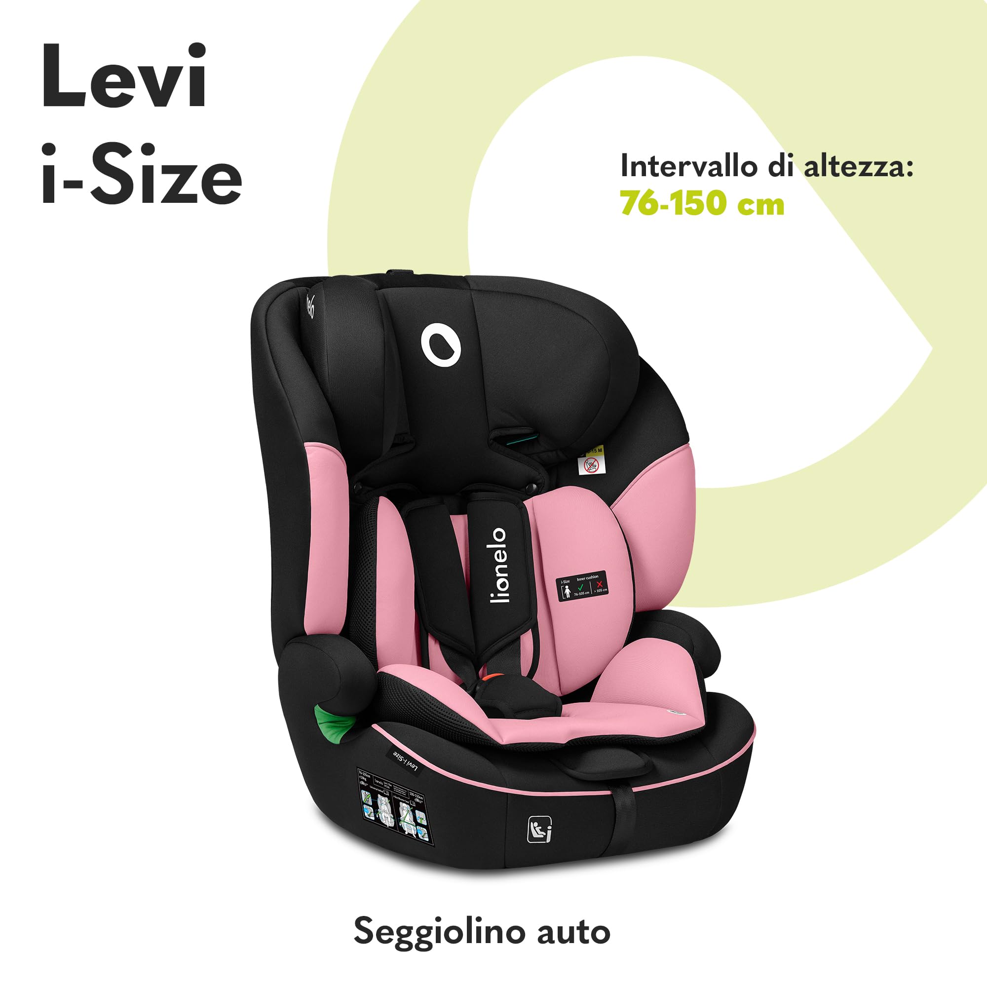 LIONELO LEVI I-SIZE Seggiolino auto per bambini 76-150 cm con l'ultima Norma i-Size R129 Protezione laterale, 10 Livelli di regolazione del poggiatesta, Schienale staccabile