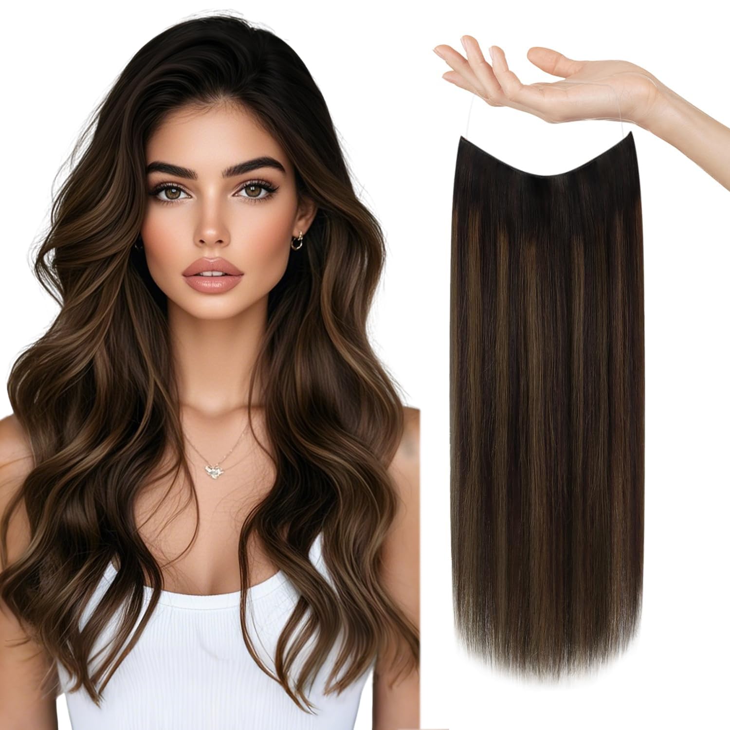 Sunny Wire Hair Extensions Real Human Hair Fish Line Human Hair Extensions Invisible Wire Extensions Dark Brown to Light Brown with Dark Brown #2/2/6 12 InchCarbonfree Certified