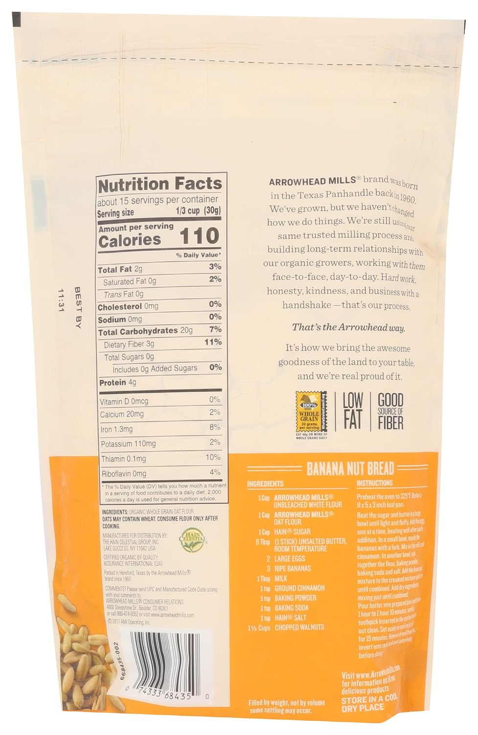 Arrowhead Mills Flour Oat Organic, 16 oz