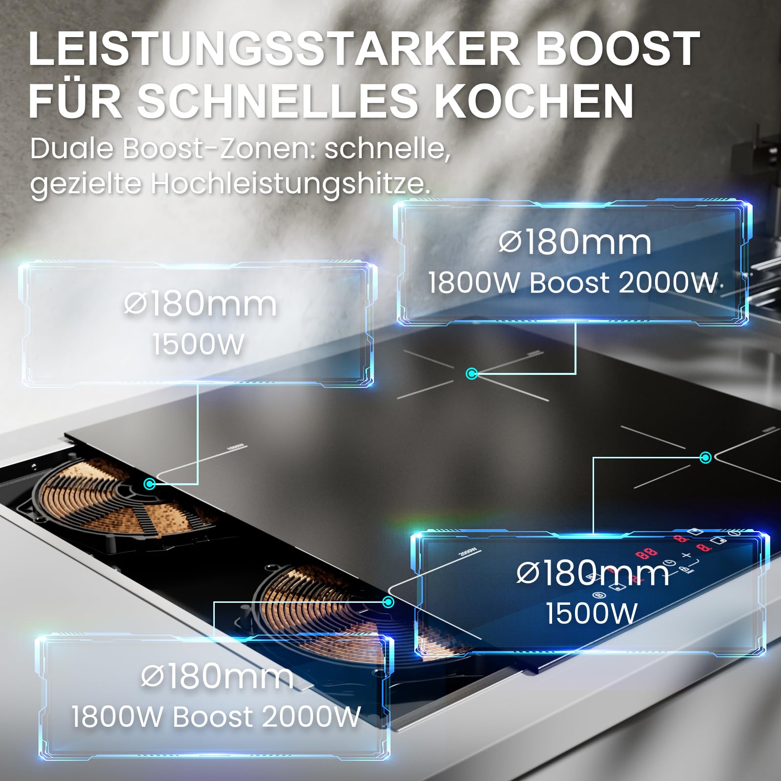 Induktionskochfeld 60cm autark - 4 Zonen Einbau Induktionskochplatte mit Kratzfeste Glaskeramik & Ceranfeldschaber, 2 x Booster, 7000W, Touch-Control, 2 Jahre Garantie
