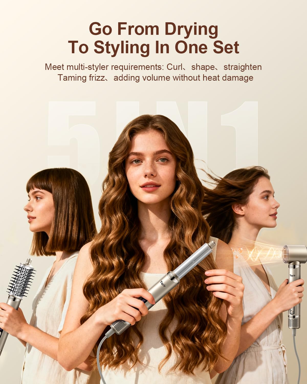 Tqcir Spazzola professionale per asciugacapelli 5 in 1, potente multi-styler con bigodini a carica automatica, ad asciugatura rapida, senza danni termici