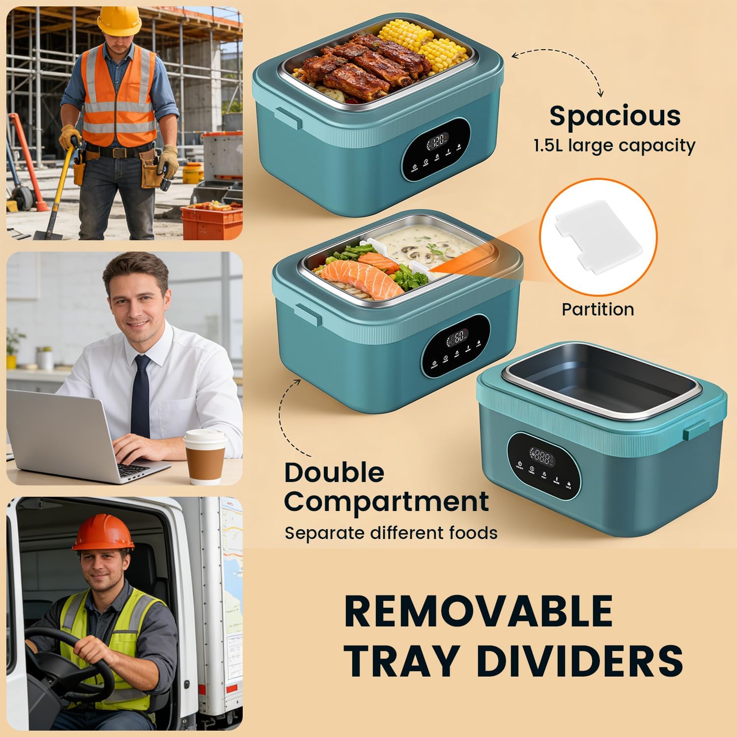 Heated Lunch Box for Adults, 24000mAh Cordless Electric Lunch Box, Rechargeable Portable Food Warmer with Timed Heating&Reverse Charging, Double 1.5L Stainless Steel Containers for Car Office Camping