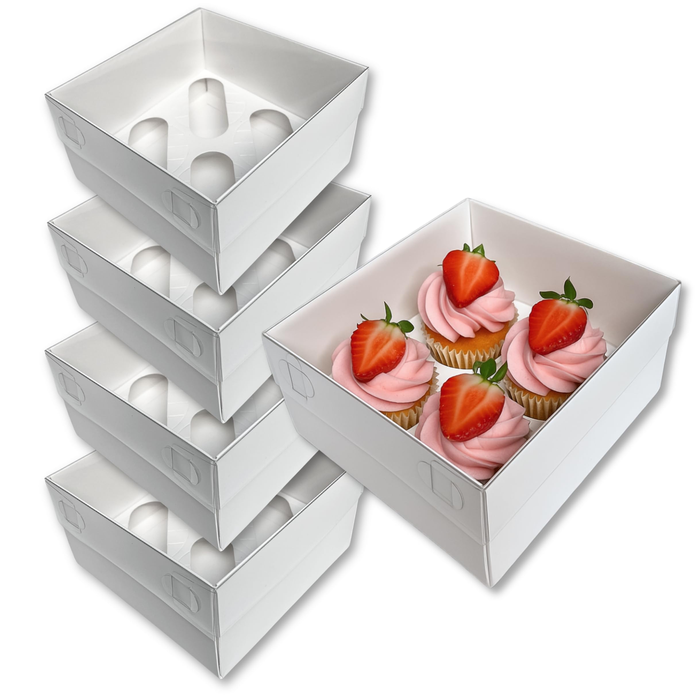 Edible Print Supplies Plain White 4-Hole Extra-Tall Cupcake Boxes (5 Pack) - Full Clear Display Lid, Holds 4 Cupcakes