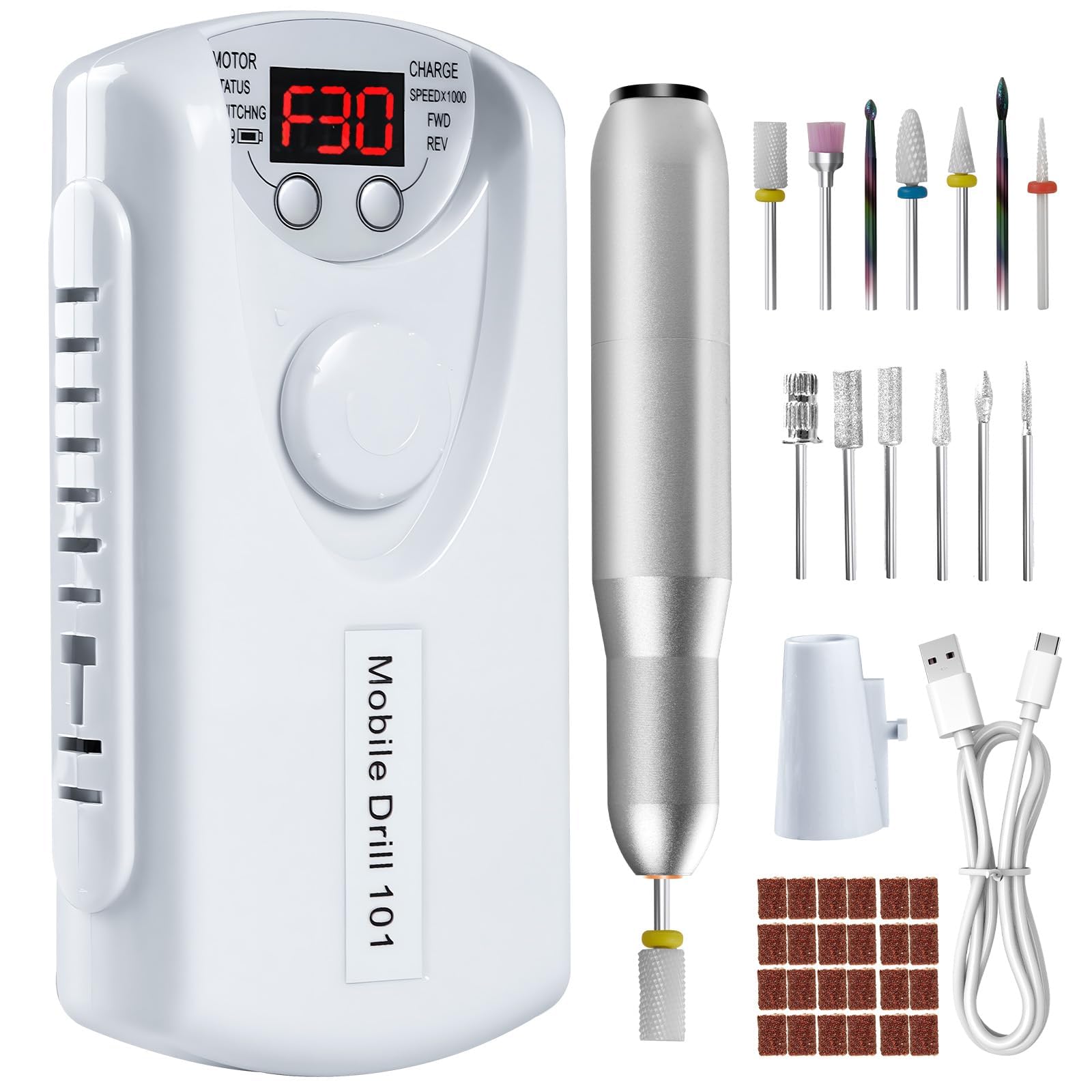 Droyek Electric Nail Drill Portable Nail Drill Professional 30000 RPM 13 Salon Quality Drill bits 50 Sanding Bands Portable & Low Noise for Acrylic