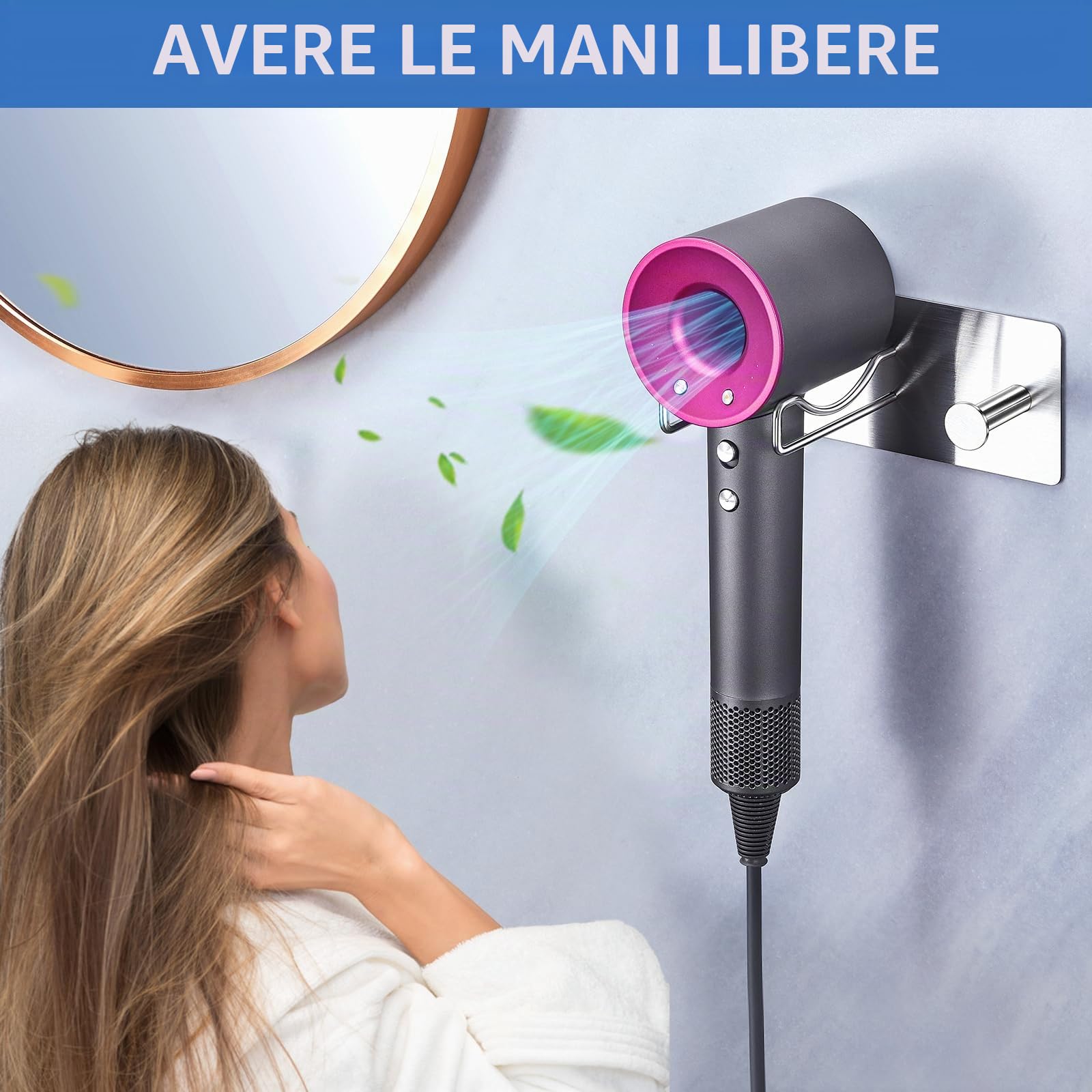 Supporto per asciugacapelli da Bagno a Parete Senza Foratura, in Acciaio Inox con mensole di Supporto, Supporto per asciugacapelli, da incollare per Bagno, Camera da Letto, Hotel (Argento)