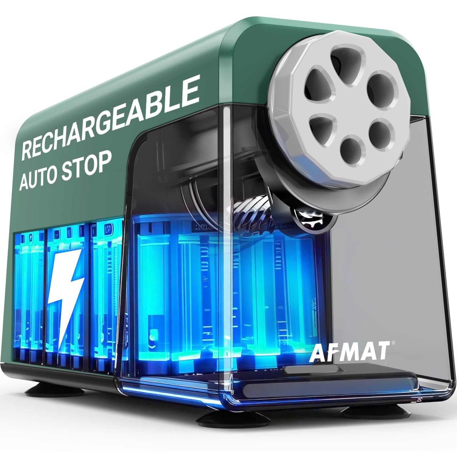 AFMAT Elektrischer Anspitzer 6 Löcher mit Behälter, Auto-Stop&Save Bleistifte, Wiederaufladbar Robust Elektrischer Spitzer für 6–11 mm Nr. 2/Groß/Buntstifte, 10.000 Spitzvorgänge
