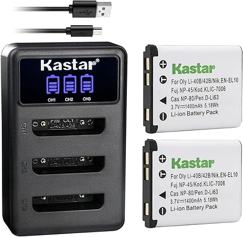 Kastar Paquete de 2 baterías y cargador USB triple LCD compatible con Sanyo Xacti VPC-T1495, Xacti VPC-T1496, Xacti VPC-TP1000, HP (Hewlett Packard)
