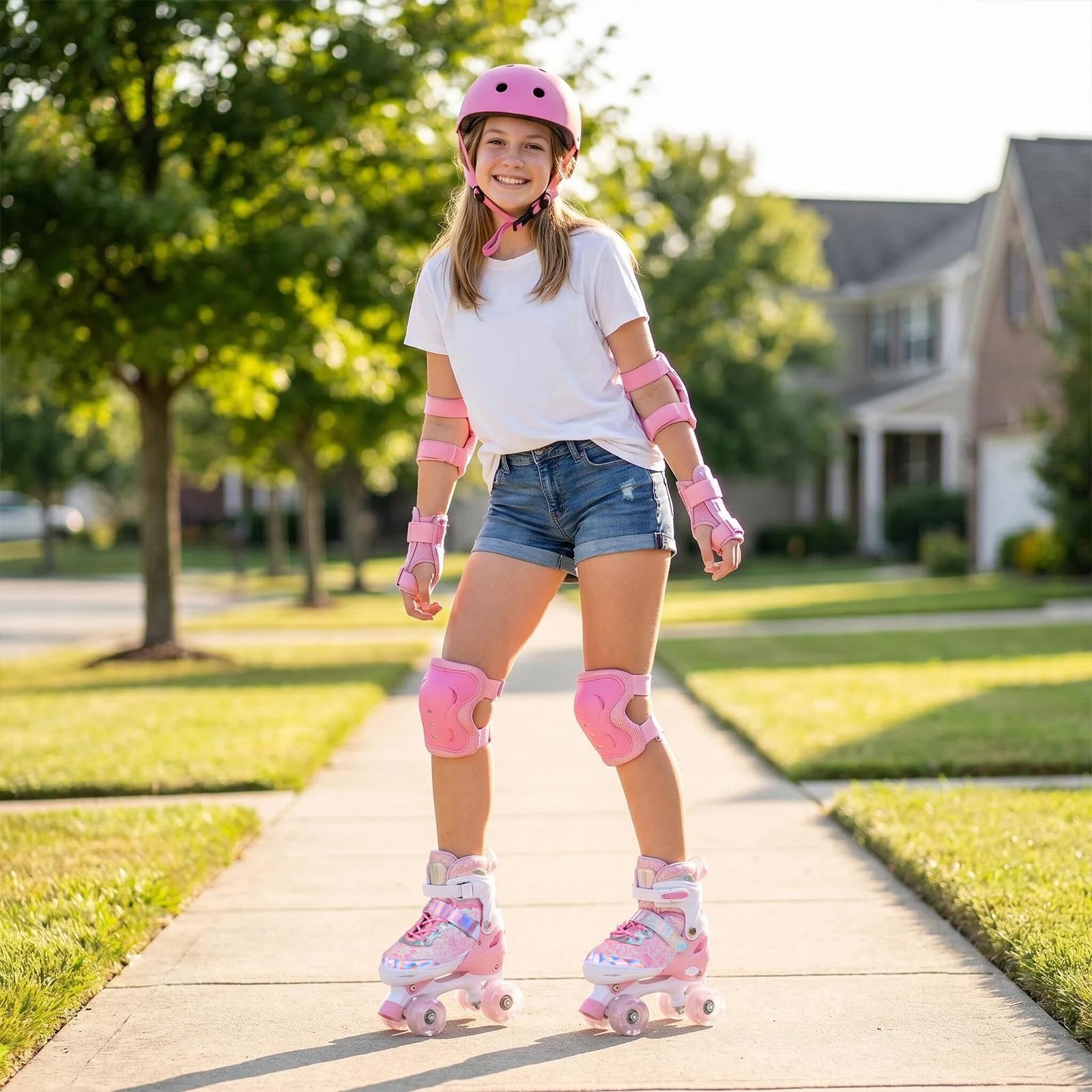 4 Sizes Adjustable Kids Roller Skates for Girls Boys Indoor Outdoor Sports, Love-Pink, Small-Little Kids - Image 9