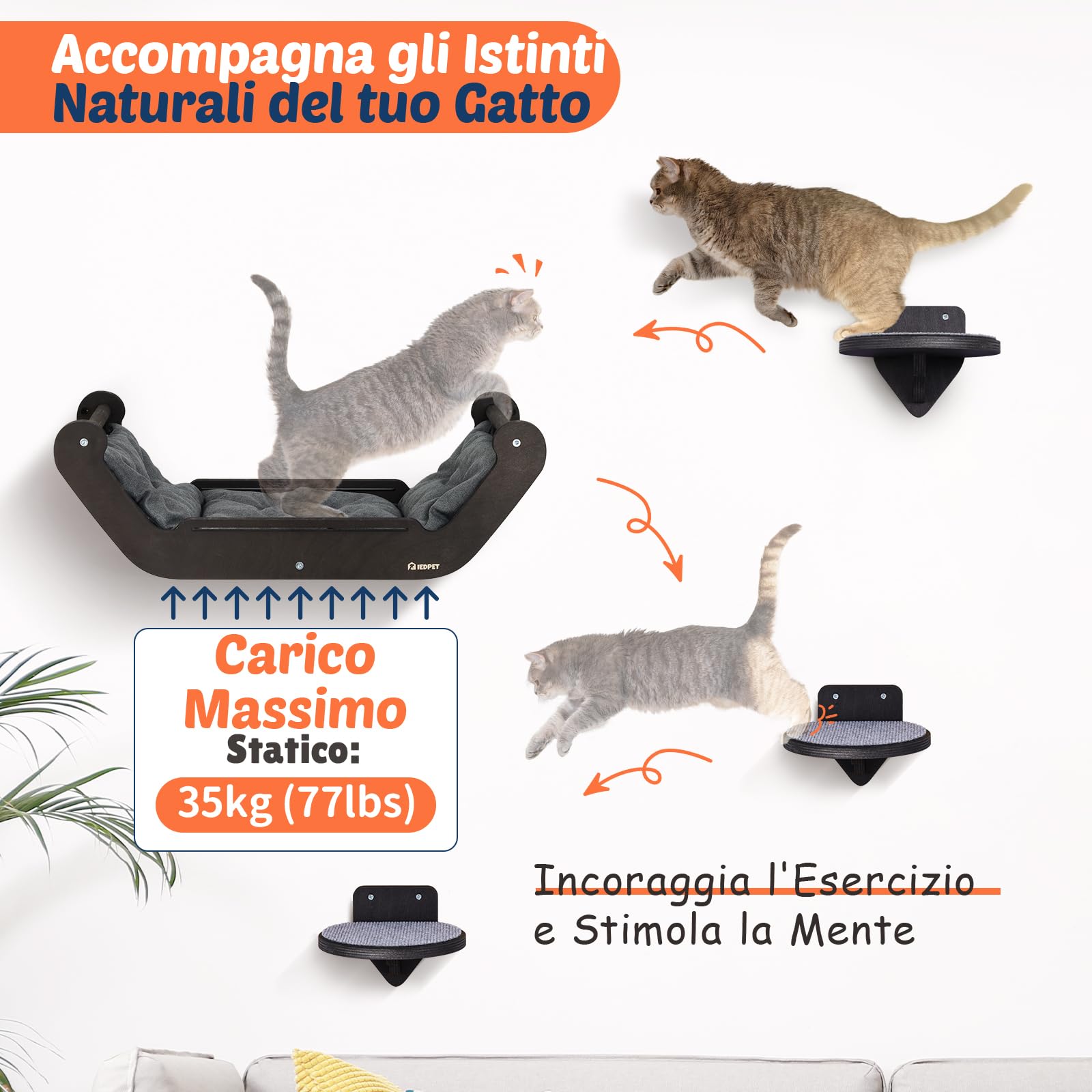 BSWAY Trespolo per Gatti con Parete Amaca e 3 Gradini, Multifunzionale per Dormire, Giocare e Arrampicarsi (XL, Letto per gatti​)