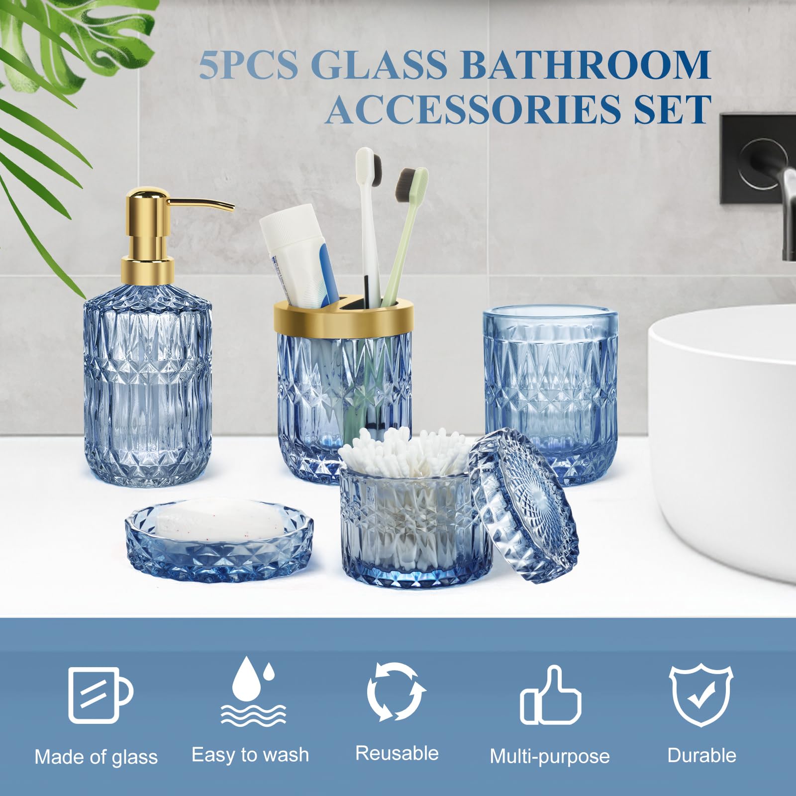 Juego de accesorios de baño azules, juego de 5 accesorios de baño de vidrio con dispensador de jabón de loción, jabonera, soporte para cepillo de dientes, vaso de baño, tarros de hisopo de algodón,