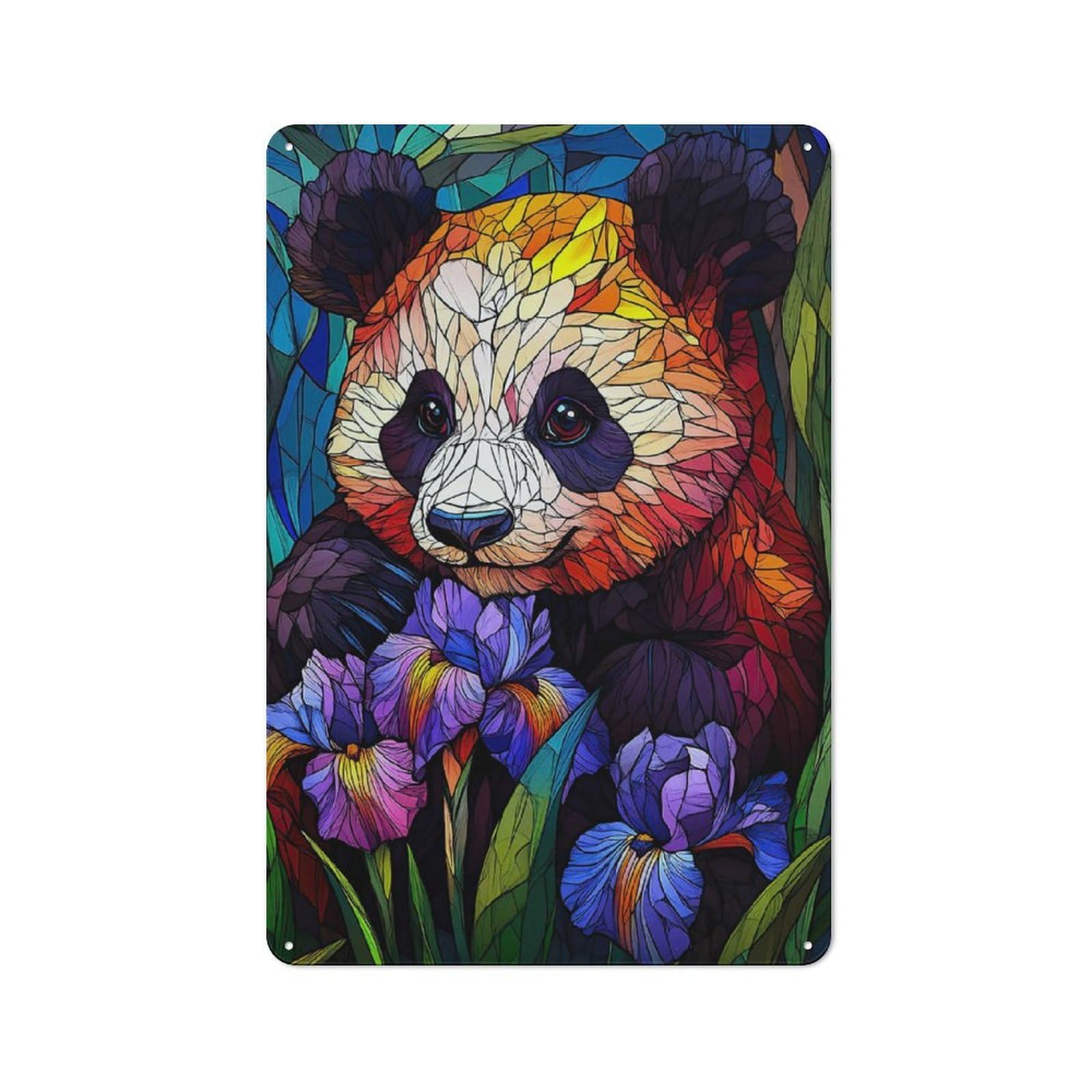 Junmoney Stained Glass Panda Tin Wall Plaque 30X20cm With For Workshop Wall, Suited To Workshop Decor Fans, For Retro Home Interiors