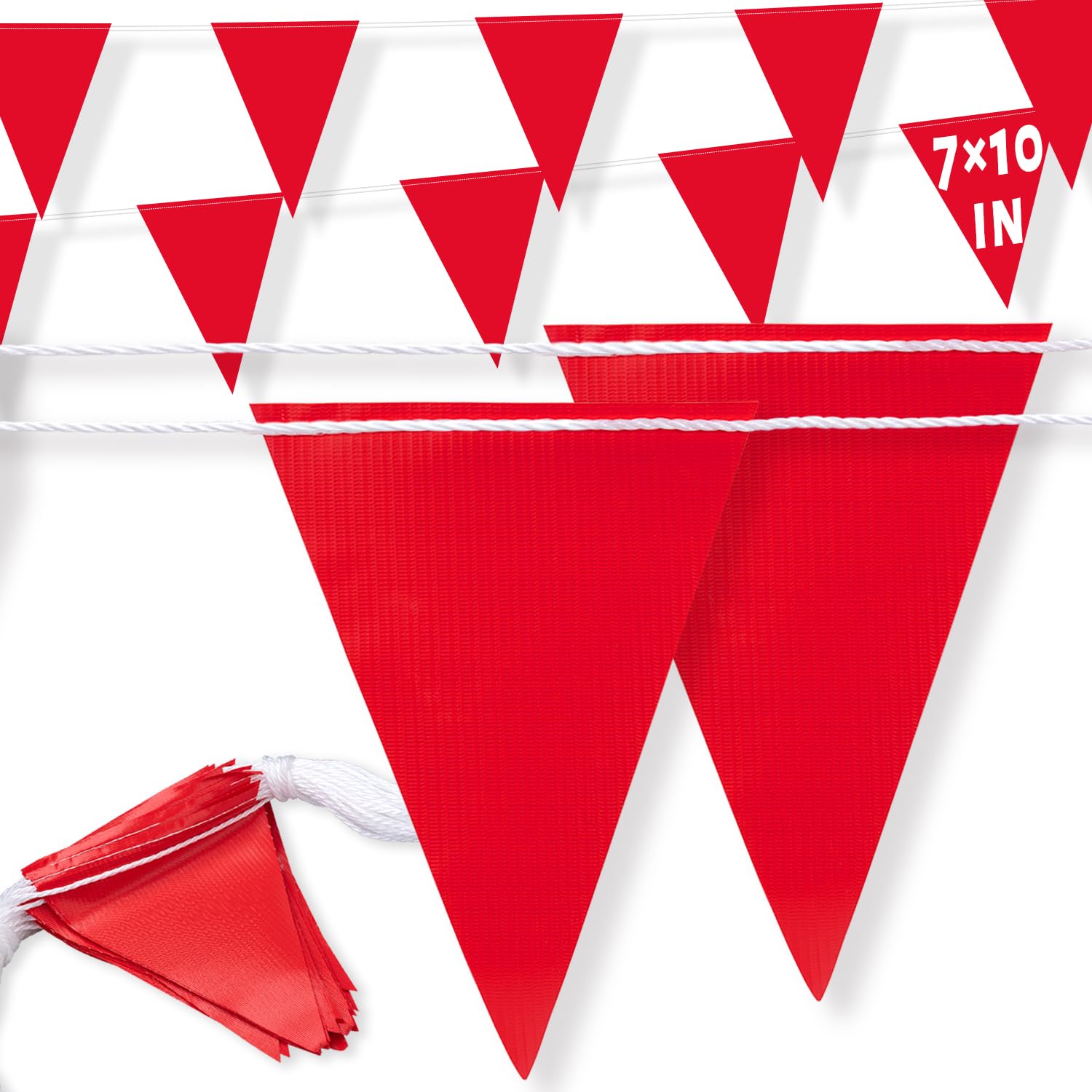Photo 1 of 105ft Pennant Banner Flags, 7x10 Red 45 Pcs High Visibility Safety Flagging on String, Triangle Pool Flags for Backstroke, Construction Events Party Decoration Parking Marking Outside