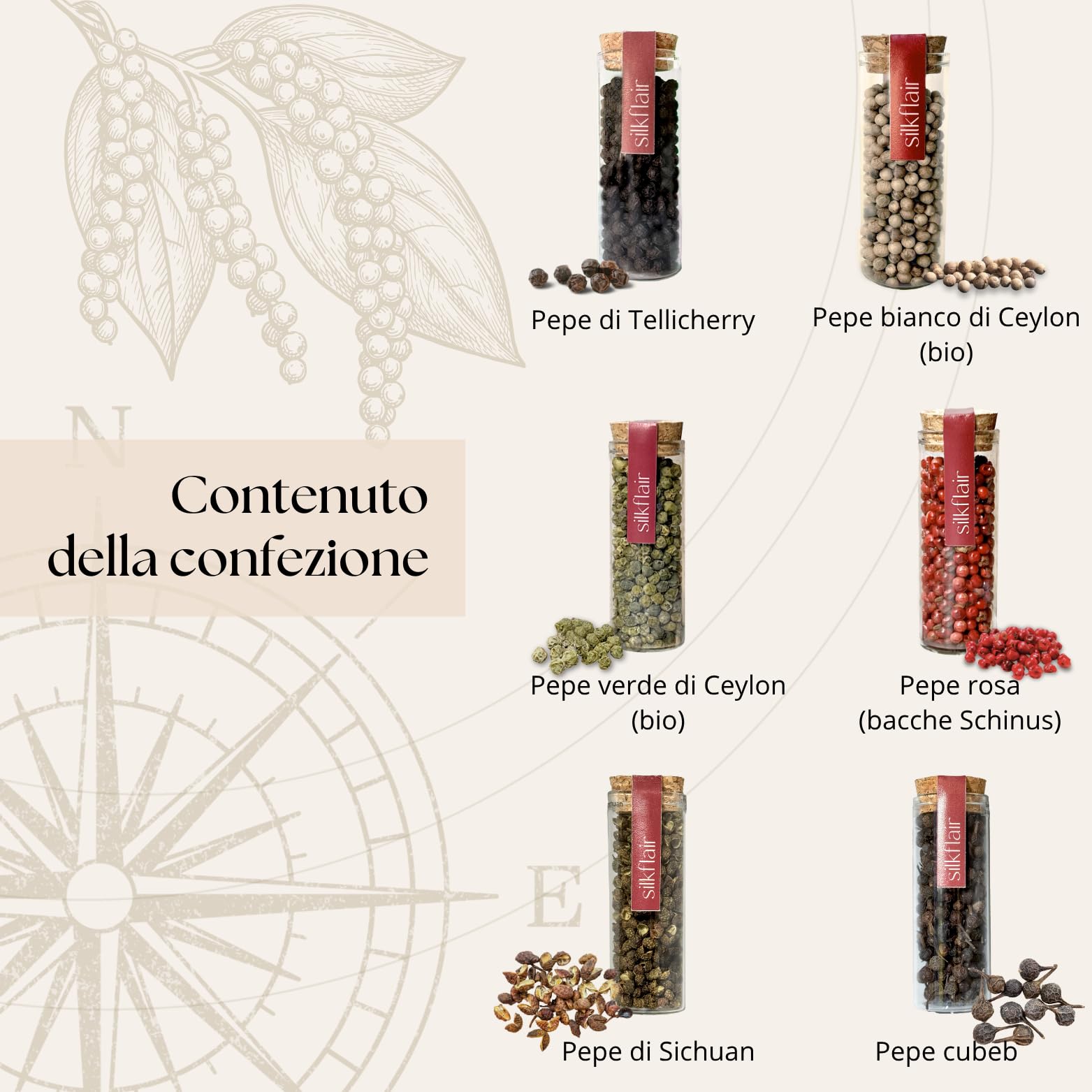 Set regalo 6 pepi rari dal mondo – Silkflair 45°N “Il regno dei pepi” | Box gourmet regalo con selezione di pepi pregiati | 6 schede, 1 pieghevole + card sorpresa