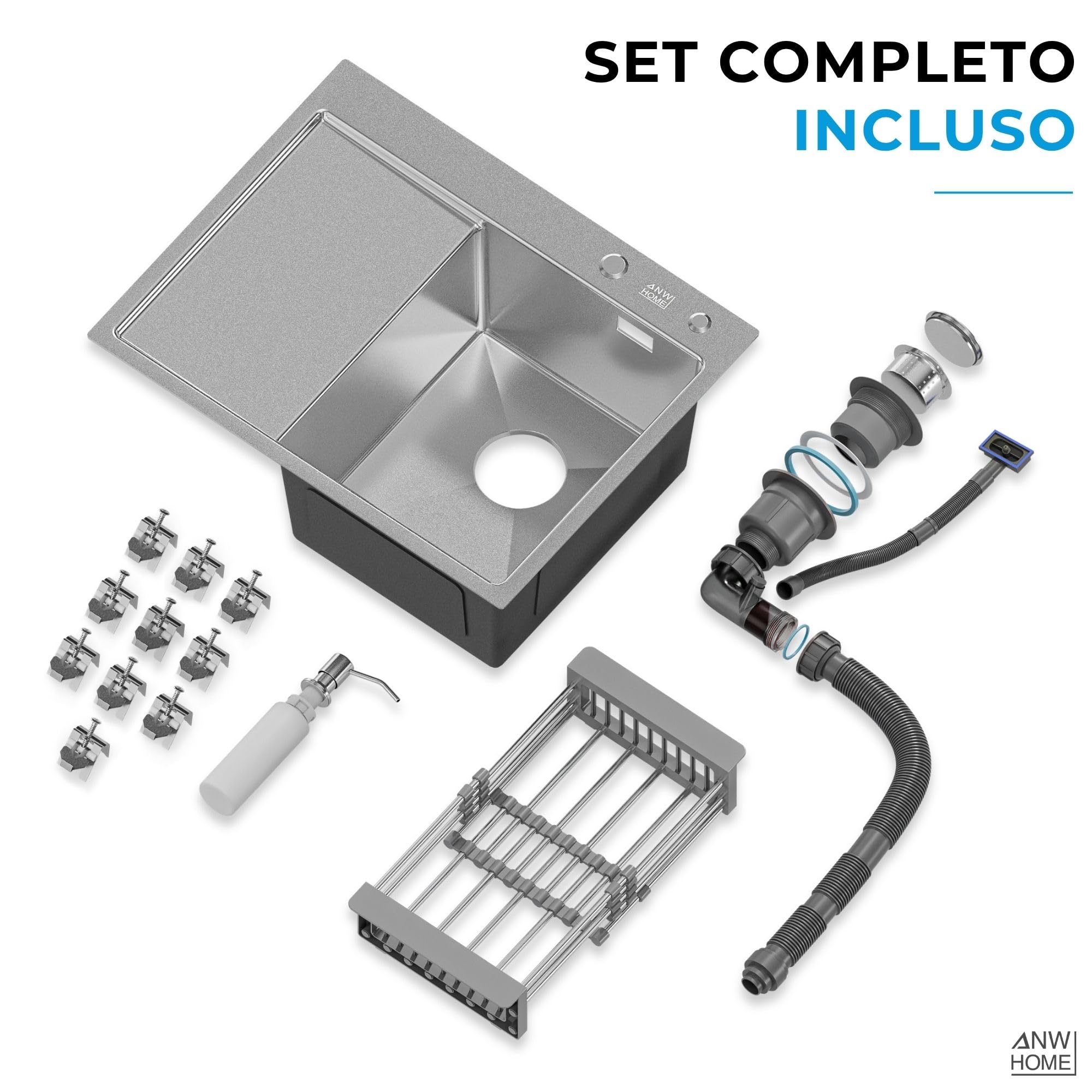 ANW HOME Lavello Cucina 1 Vasca Acciaio Inox, Lavandino Cucina da Incasso con Gocciolatoio 63x50 cm, Argento, Finitura Nano, Spessore 3.0/1 mm, con Sifone, Dosatore e Cestello