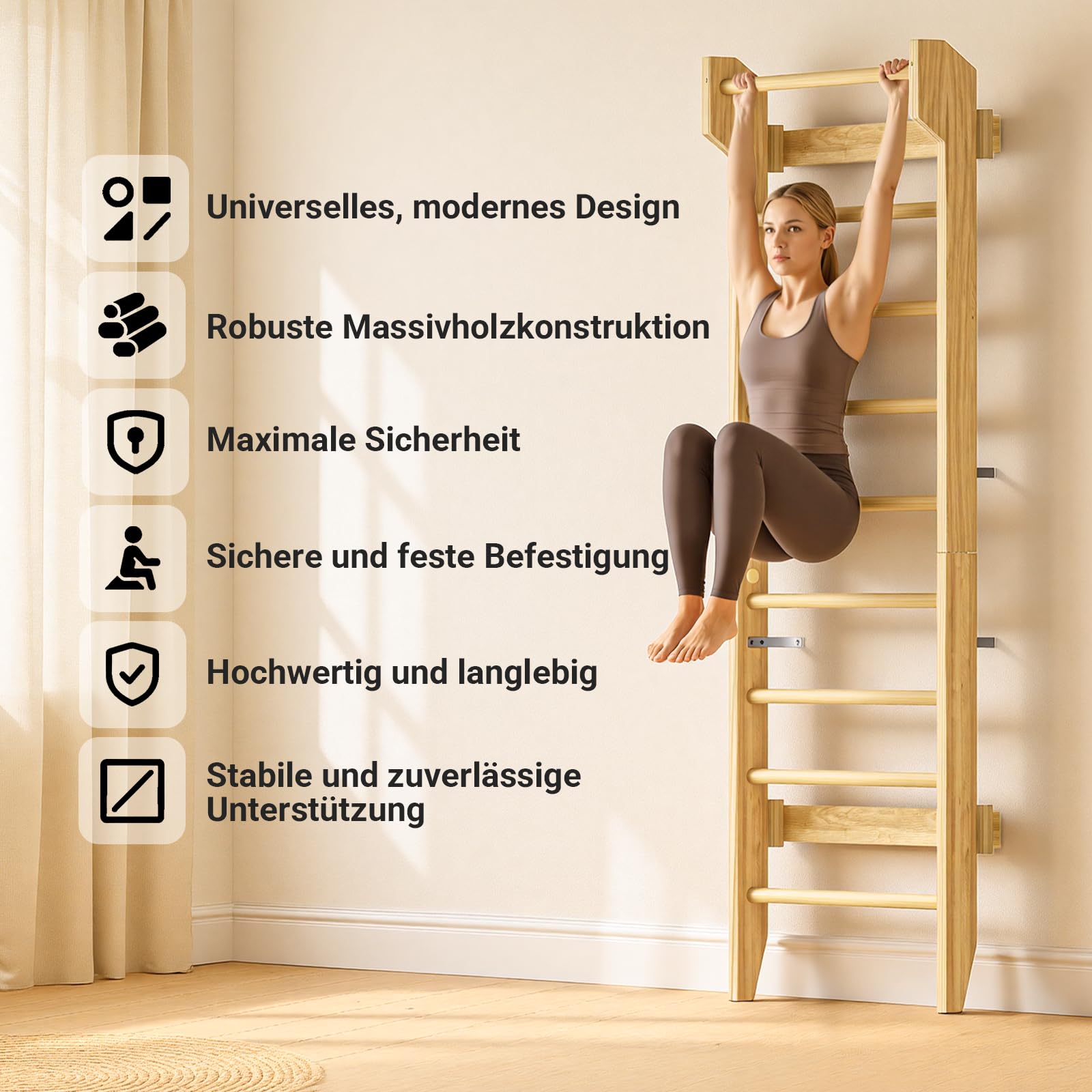 COSYLAND Sprossenwand aus Holz mit Klimmzugstange, Indoor Kletterwand für Kinder & Erwachsene, Turnwand für Kinderzimmer & Fitness, Türrahmen-Montage, Wall Bars