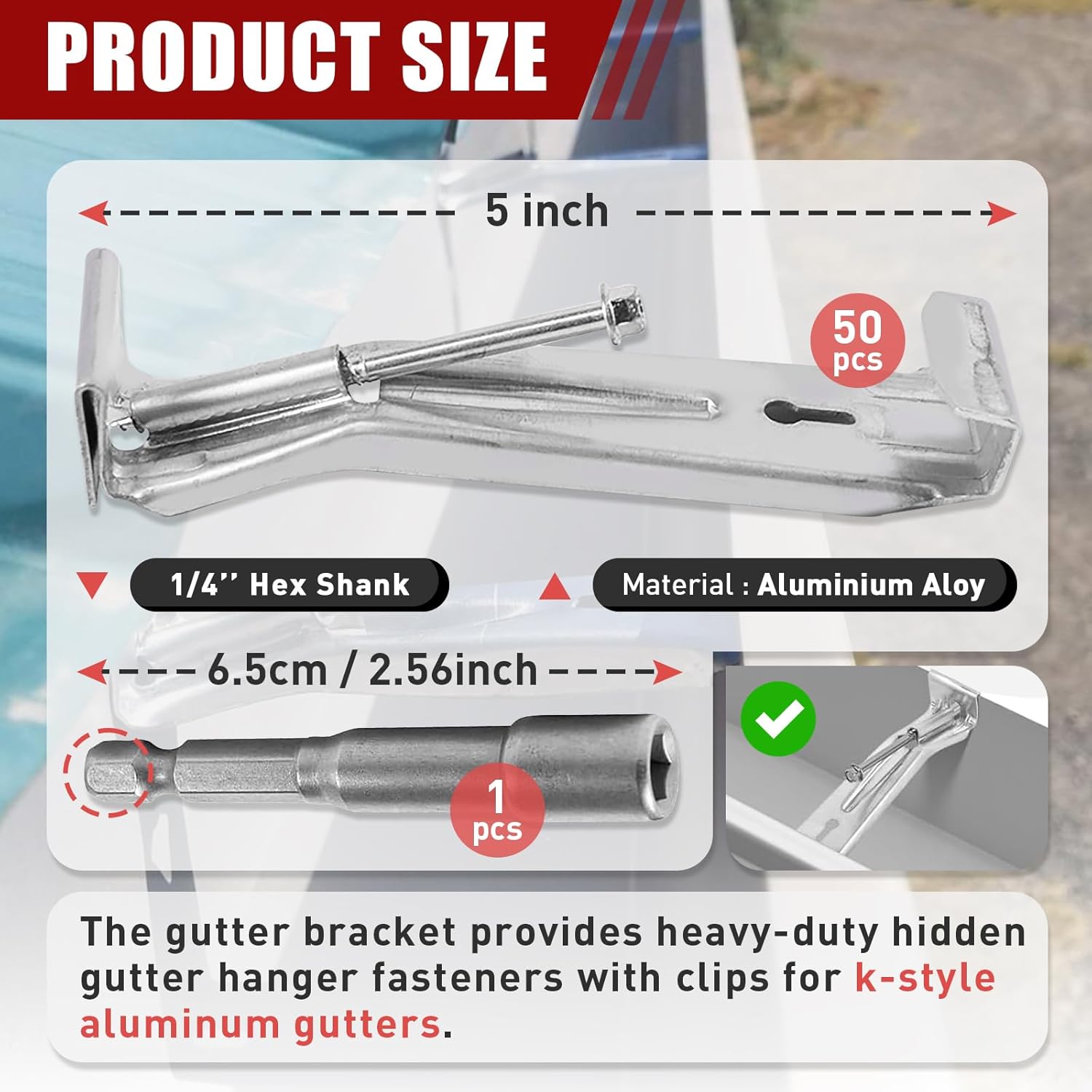 50-Pack Hidden Gutter Hangers 5 Inch K Style - Heavy Duty Rain Gutter Brackets and Screws, House Mounting Brackets Include 1/4" Hex Drill Bit