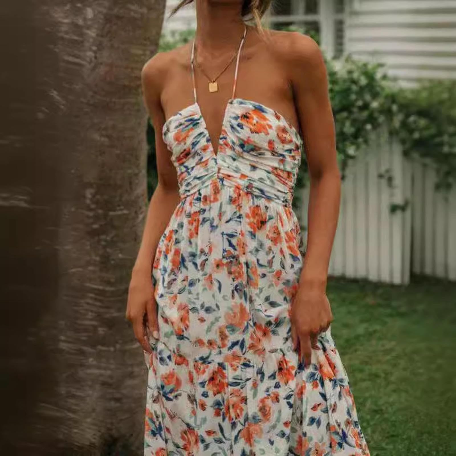 Vestito Donna Elegante Abito Estivo da Stampato A V-Scollo V-Torta in Stile FESTIVITÀ Casual Alto-Fiori Rossi-XL