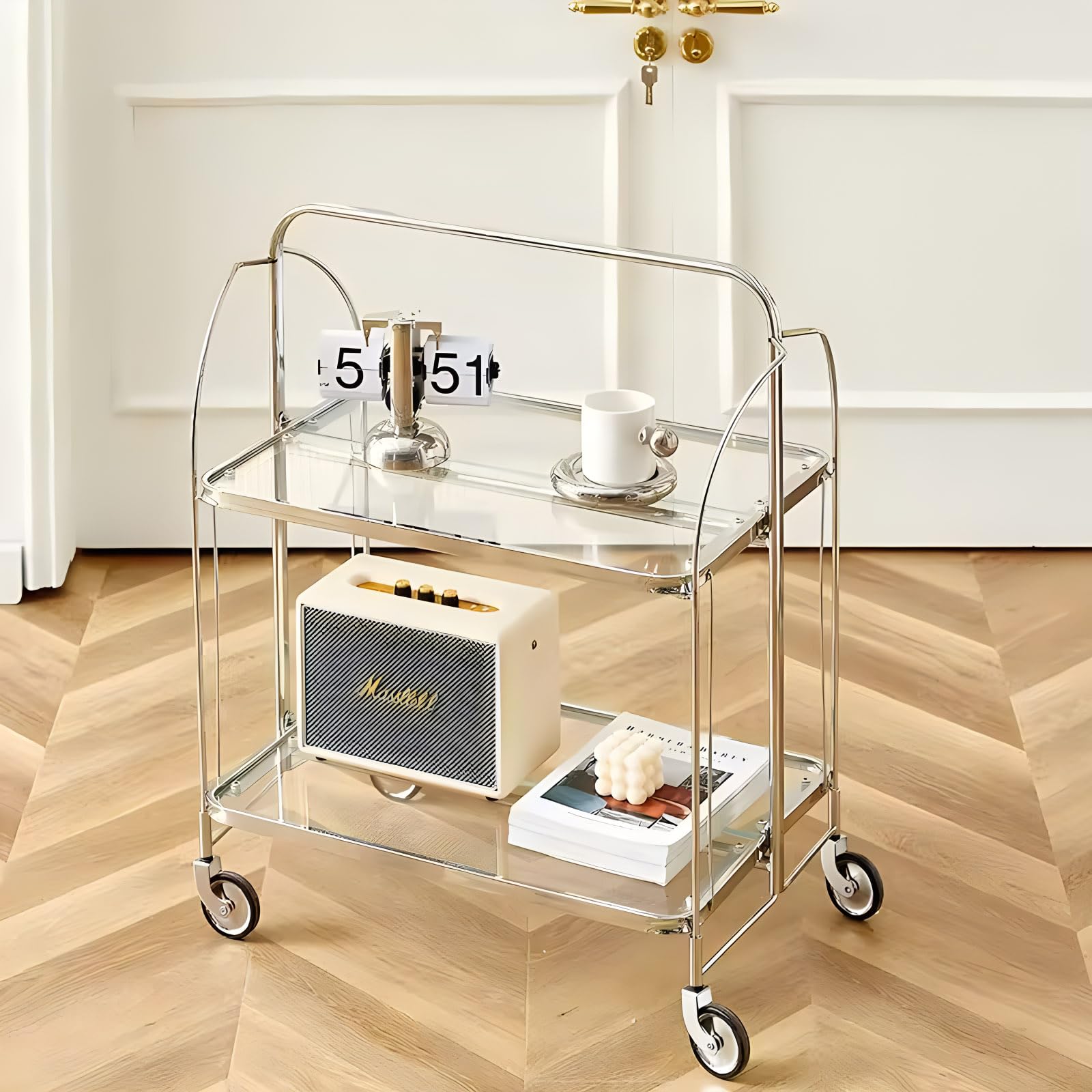 Moderno carrito de bar rodante con parte superior de cristal y marco de acero inoxidable, carrito de servir plegable de 2 niveles con ruedas para cocina o comedor, carrito de almacenamiento móvil para