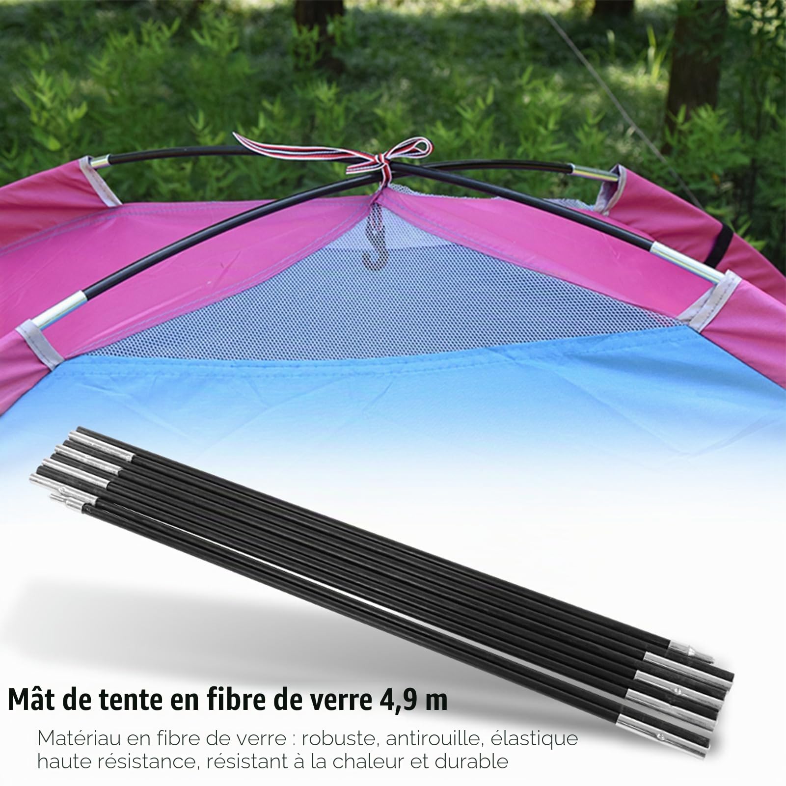 Arceau Tente 5350 L,Tige Fibre De Carbone Pour Tente,Kit De Mât De Tente De 4.9M Barree Mât De Tente De Cam En Fibre De Verre Barres Télescques Régles Kit De Cadree Tentes Légers Repment Pour La Rando