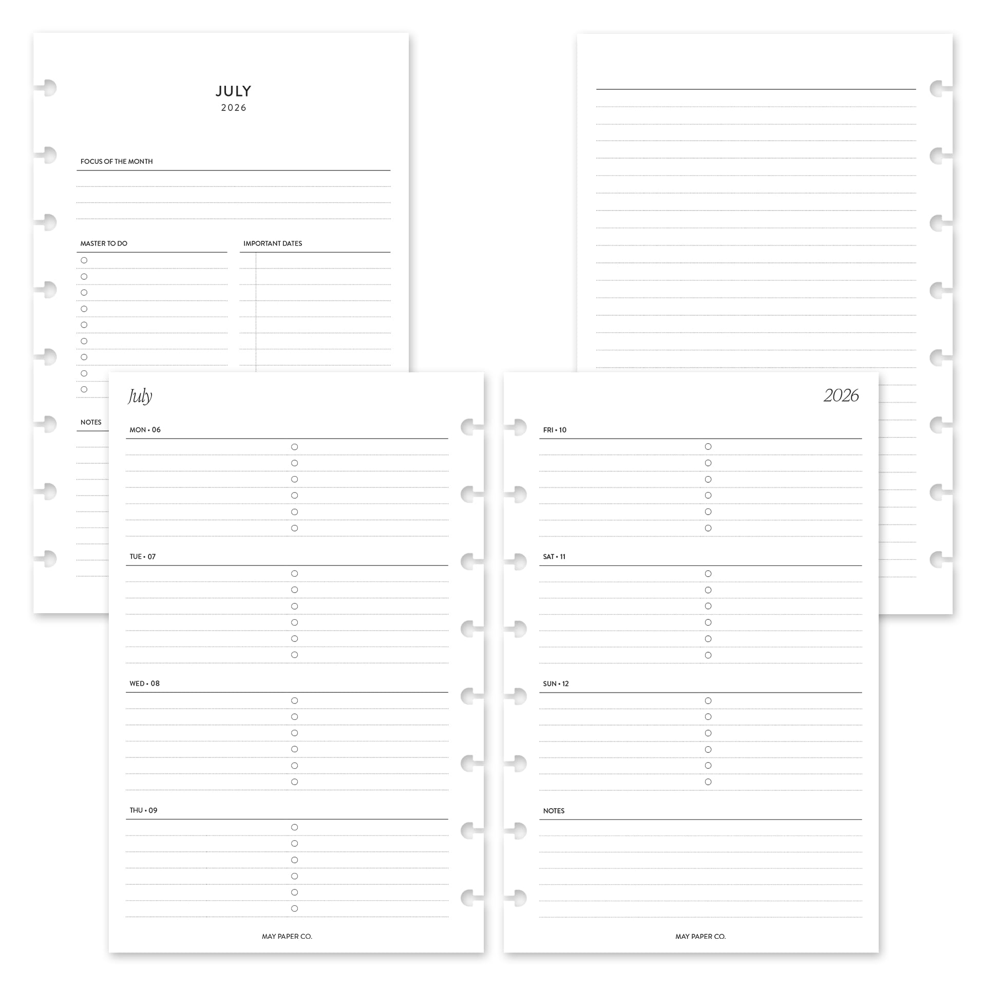 MAY PAPER CO. Planificateur hebdomadaire 2026/2027 sur 2 pages lignées horizontalement avec tâches – Format demi-lettre | Juillet 2026 à juin 2027 | Recharge de planificateur