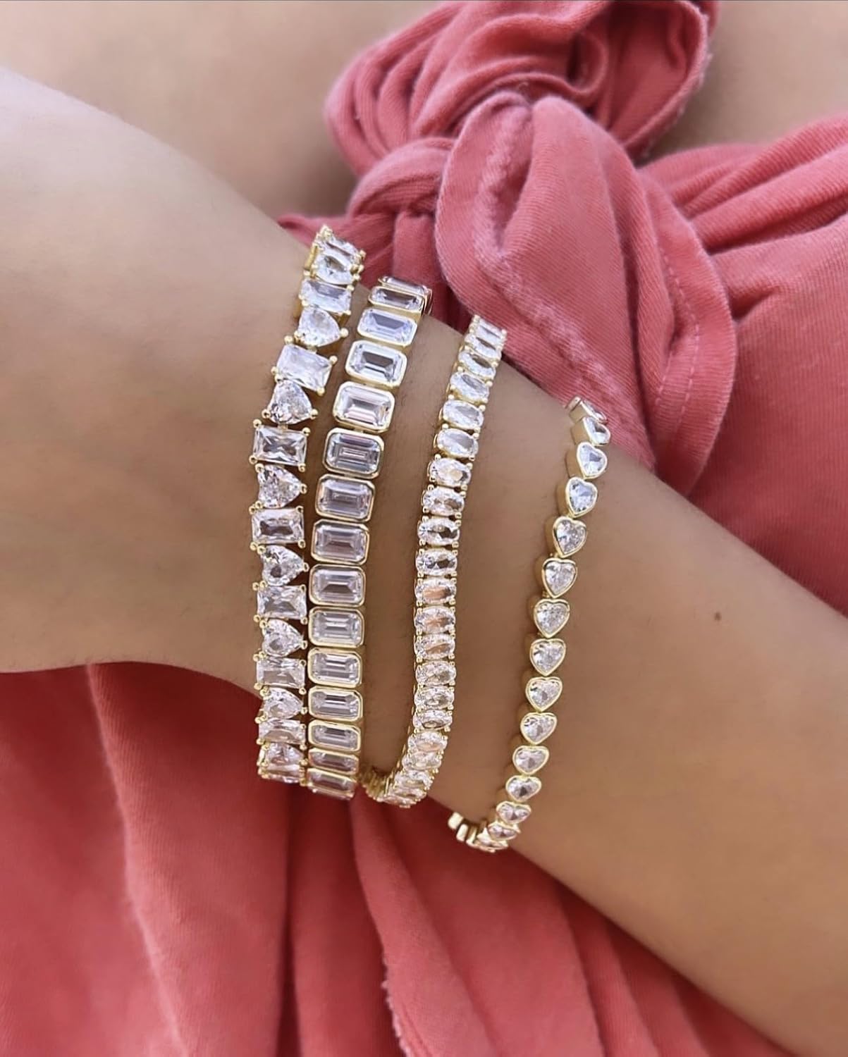 SHYMI Bezel-Set Emerald Tennis Statement Bracelet for Women - Sterling Silver with 18k Gold Finish, Emerald-Cut Stones, Hypoallergenic, Shiny Finish, 6" with 2" Extender