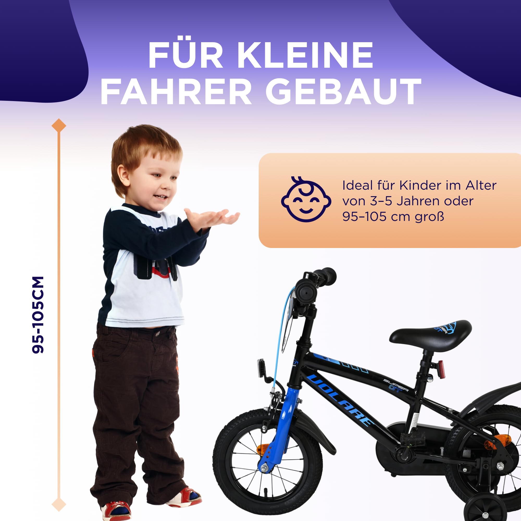 Volare Super GT Kinderfahrrad blau 14 Zoll | 3,5–5 Jahre | 2 Handbremsen, Stützräder, Kettenschutz, Reflektoren | Verstellbarer Sattel | Geschenk für Jungen & Mädchen