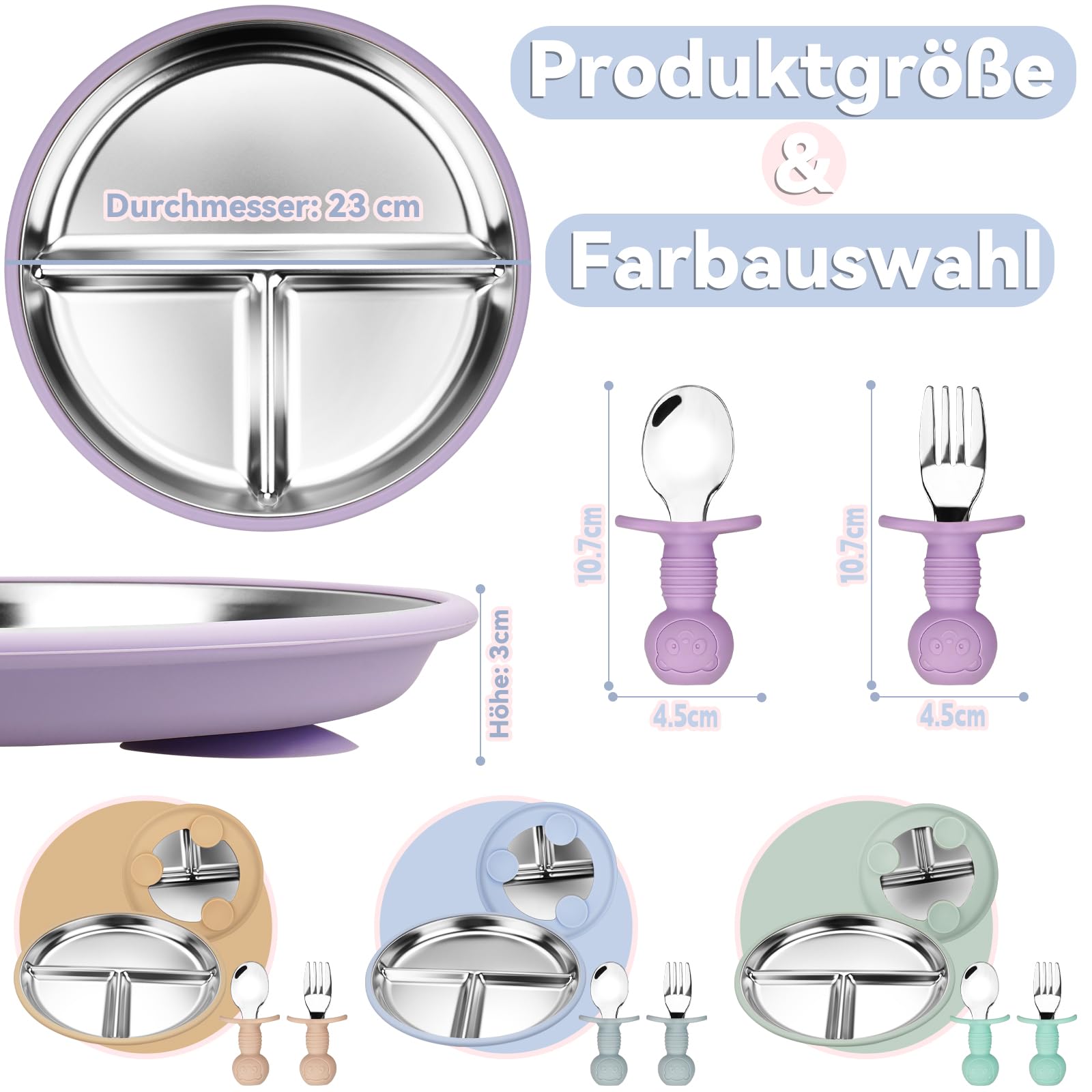 Set di 4 piatti per bambini in acciaio inox con ventosa in silicone e 4 cucchiai, 4 forchette, antiscivolo, per contorni per bambini, lavabili in lavastoviglie, senza BPA